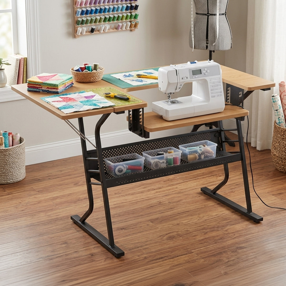 Sew Ready Eclipse Hobby Sewing Table with Storage Drawer and Shelves, Maple