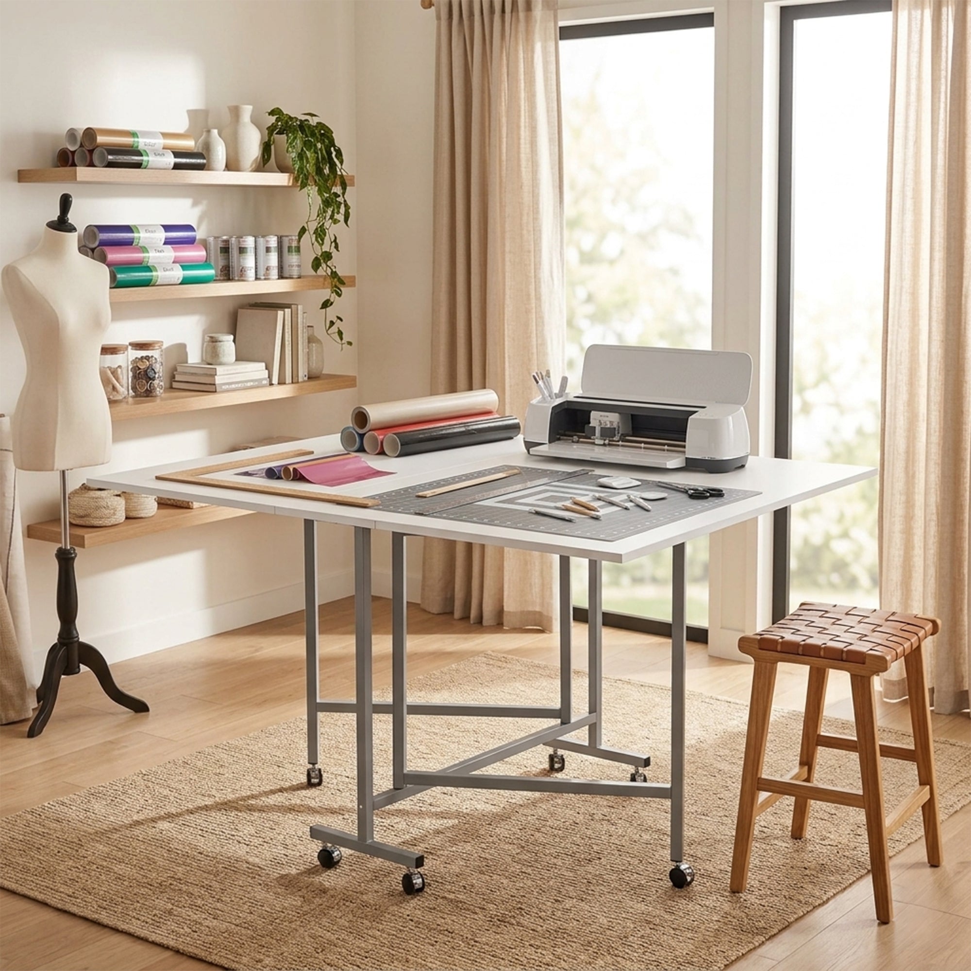 Sew Ready Folding Craft and Cutting Standing Table with Wheels, Silver/White