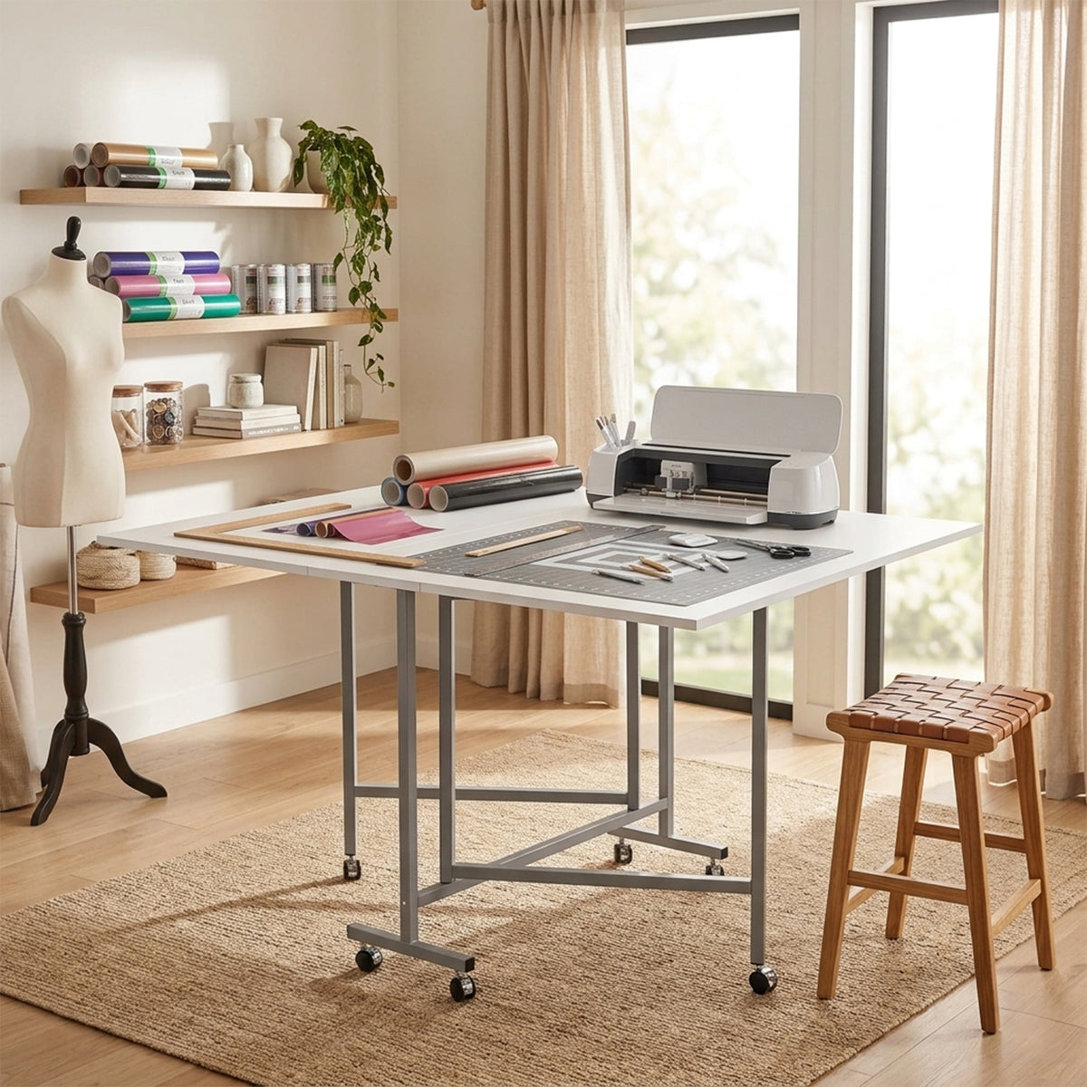 Sew Ready Folding Craft and Cutting Standing Table with Wheels, Silver/White