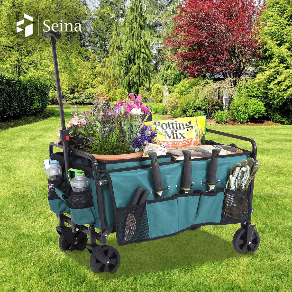 Seina All in One Foldable Garden Wagon with Mulch & Soil Dumper Included, Green - VMInnovations