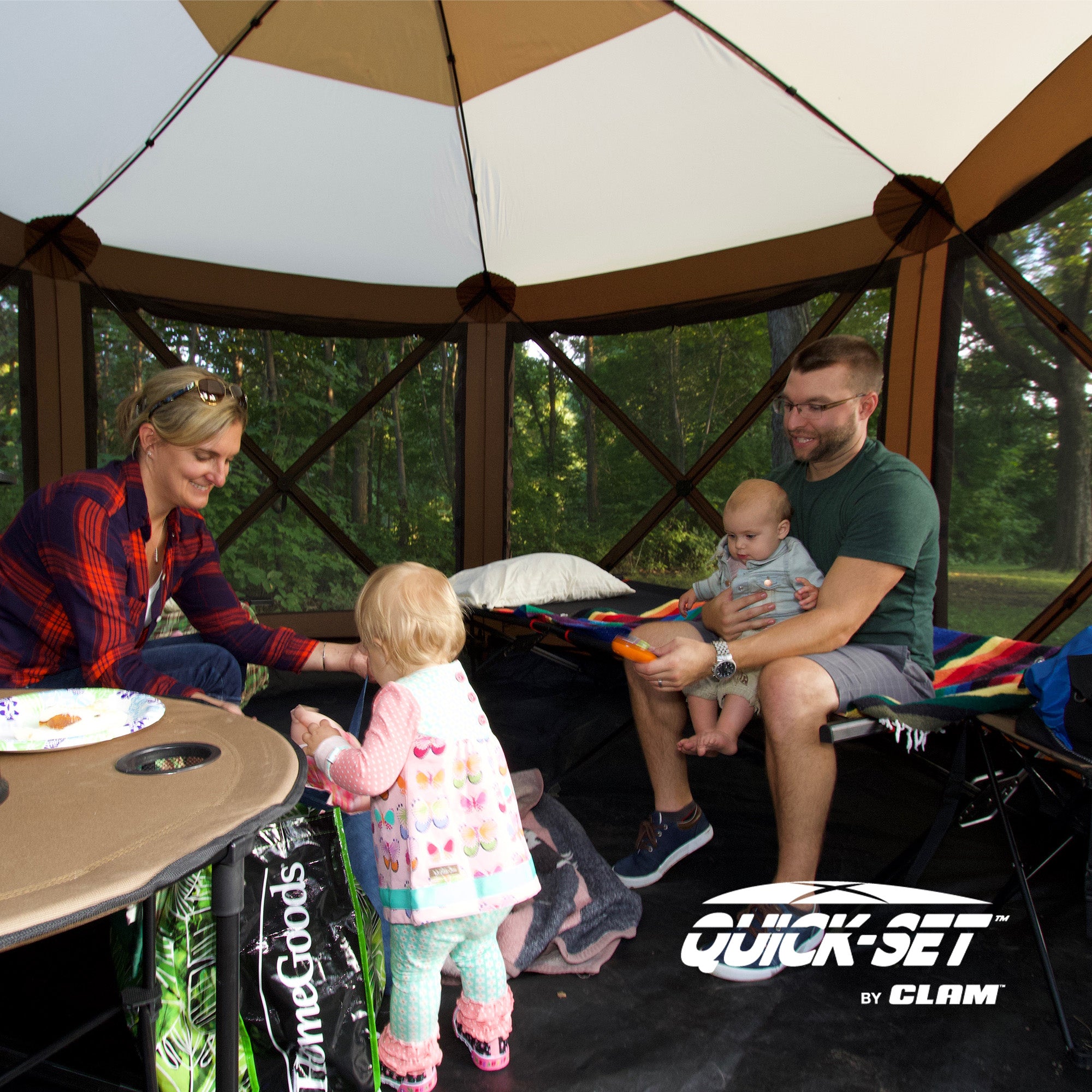 CLAM Quick-Set Pavilion Camper 12.5' x 12.5' Shelter, Brown w/Rain Fly Tarp, Tan - VMInnovations