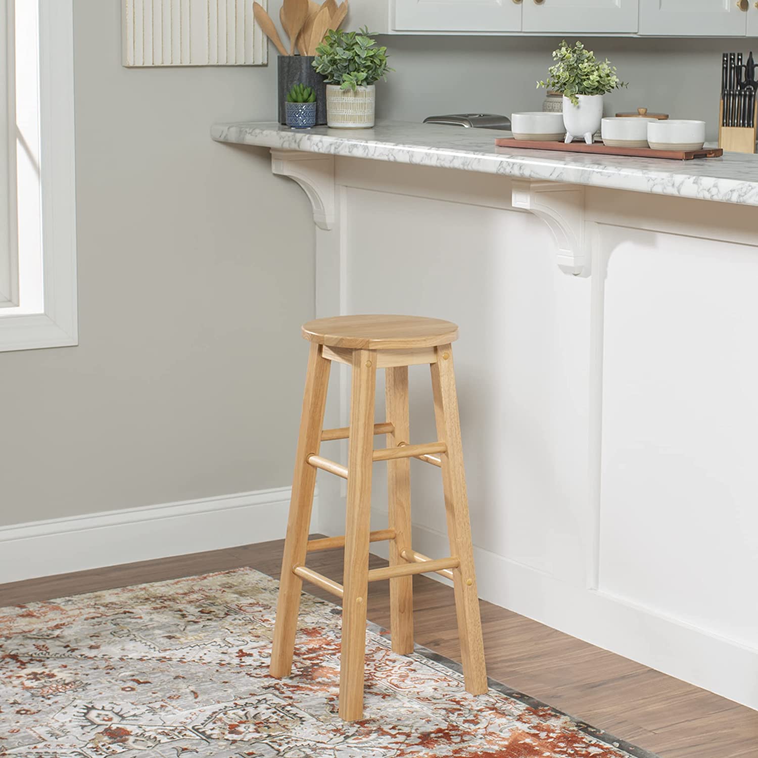 Classic Round-Seat 29 Inch Tall Kitchen Bar Stools, Natural, Set of 2 (Open Box) - VMInnovations