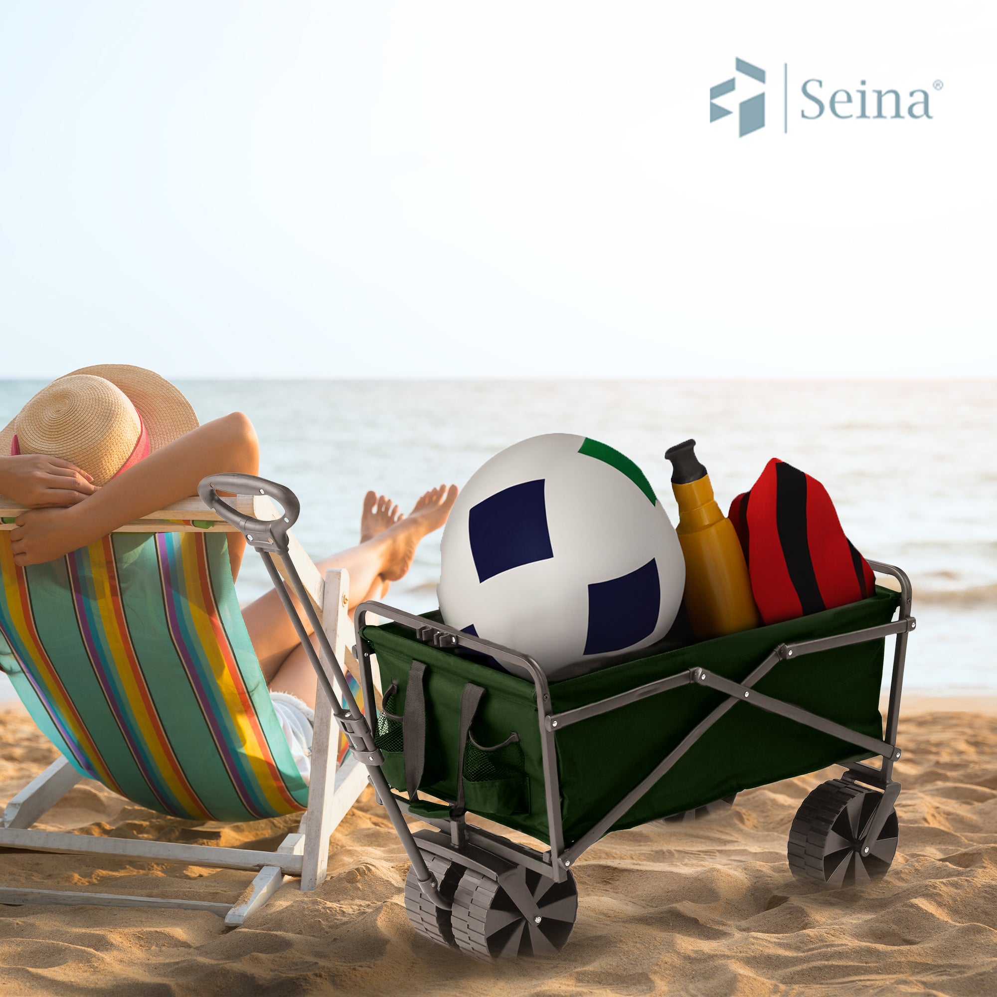 Seina Collapsible Steel Frame Folding Wagon Outdoor Cart, Green (Open Box) - VMInnovations