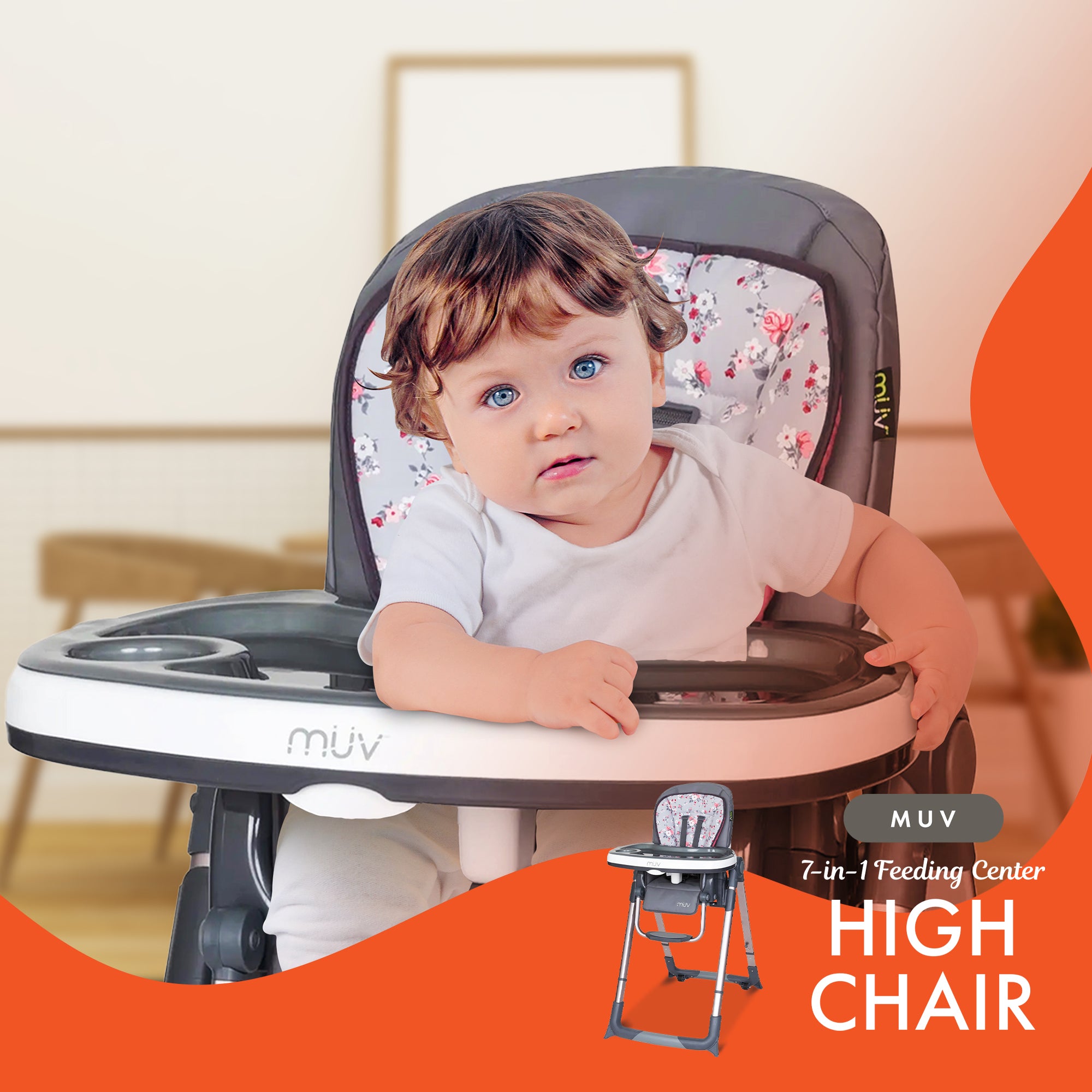 Baby Trend MUV 7-in-1 Feeding Center High Chair, Infant to Youth Seat, Grey - VMInnovations