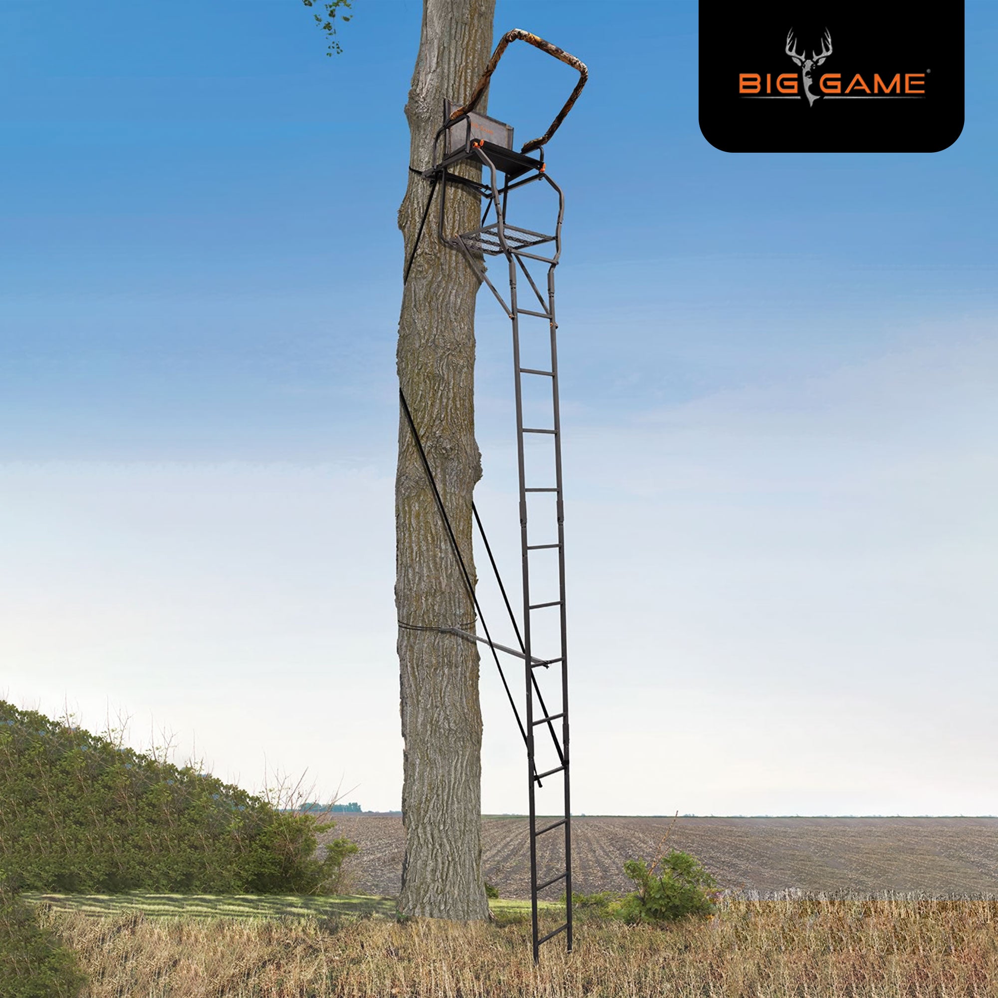 Big Game XL 17.5' Ladder Treestand with Flip-Back Seat and Rail, Black(Open Box) - VMInnovations