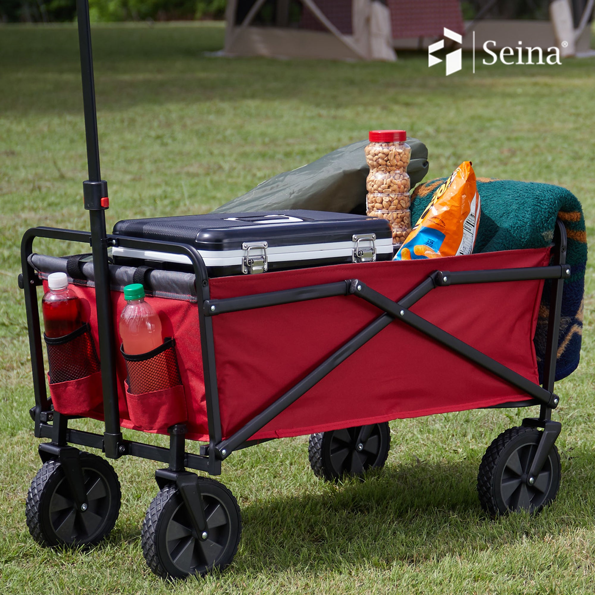 Seina 150lb Capacity Folding Collapsible Steel Utility Wagon Cart, Red/Gray