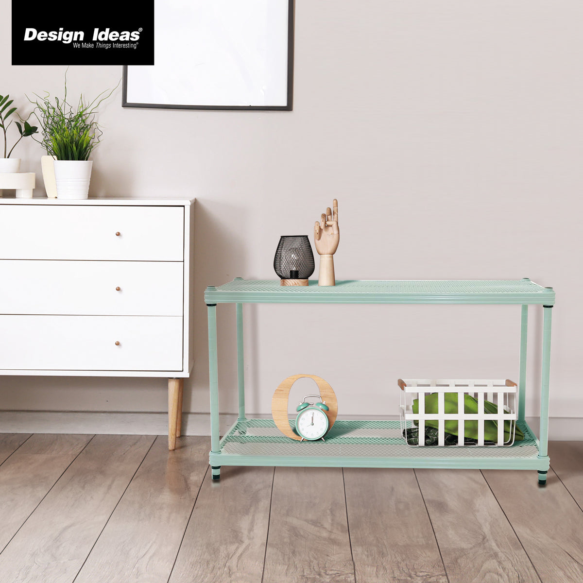 Design Ideas MeshWorks 2 Tier Full Size Metal Storage Shelving Unit, Sage Green