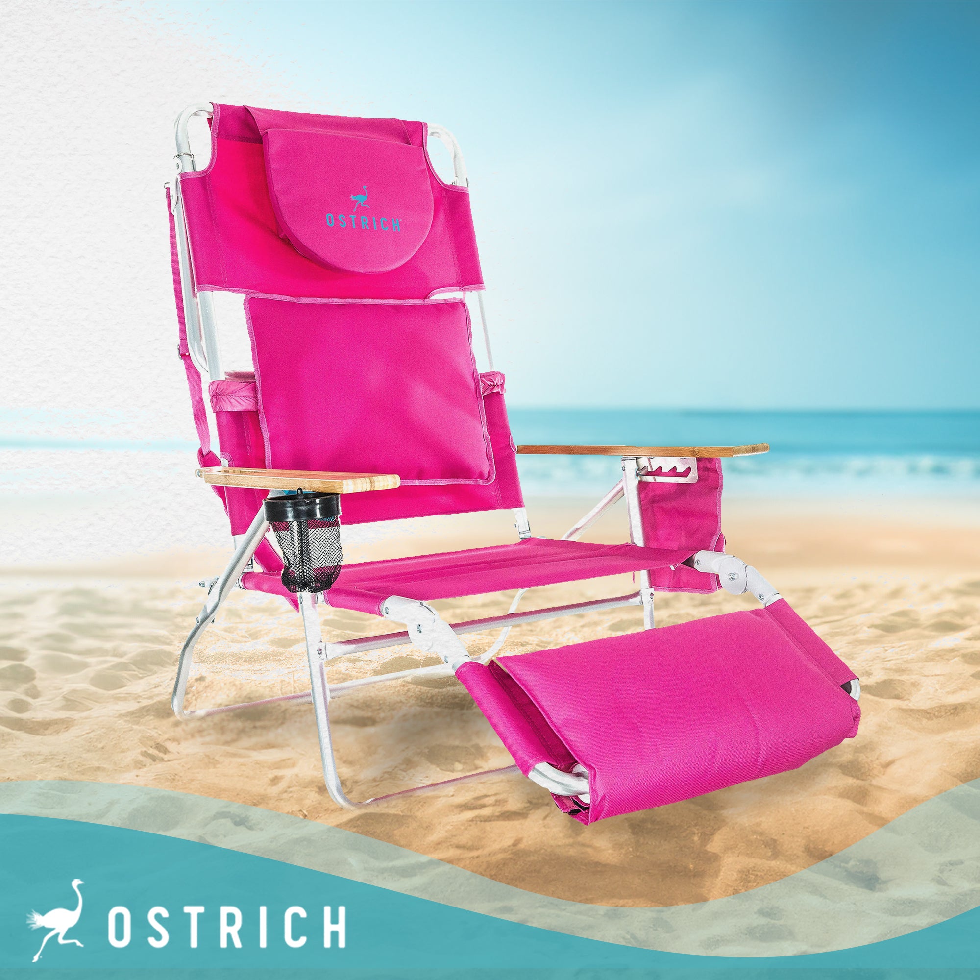 Ostrich Deluxe Padded 3-N-1 Outdoor Lounge Reclining Beach Lake Chair, Pink (2 Pack) - VMInnovations