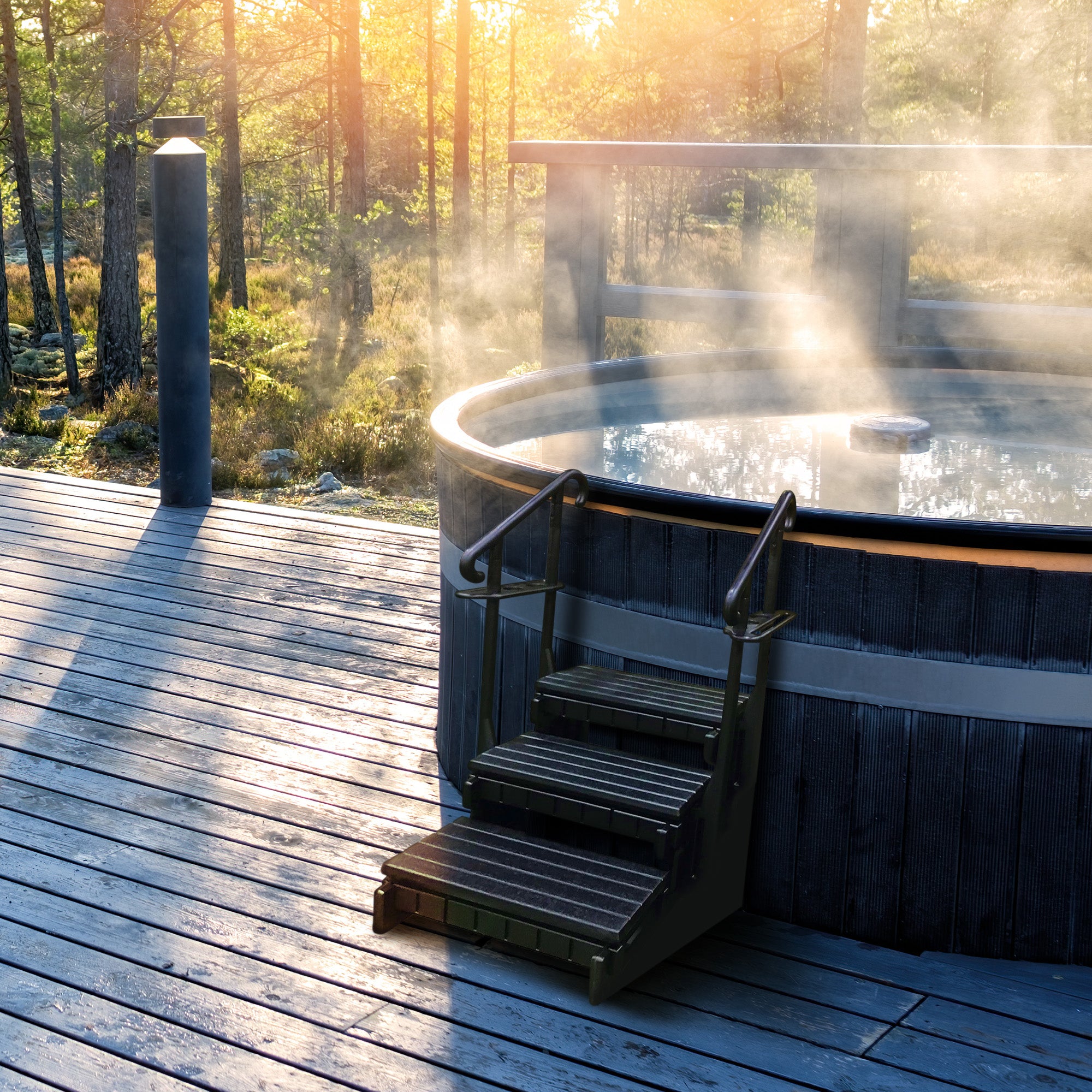Confer Plastics 36” Signature Spa Step w/Treads & Curved Handrails, Black (Used) - VMInnovations