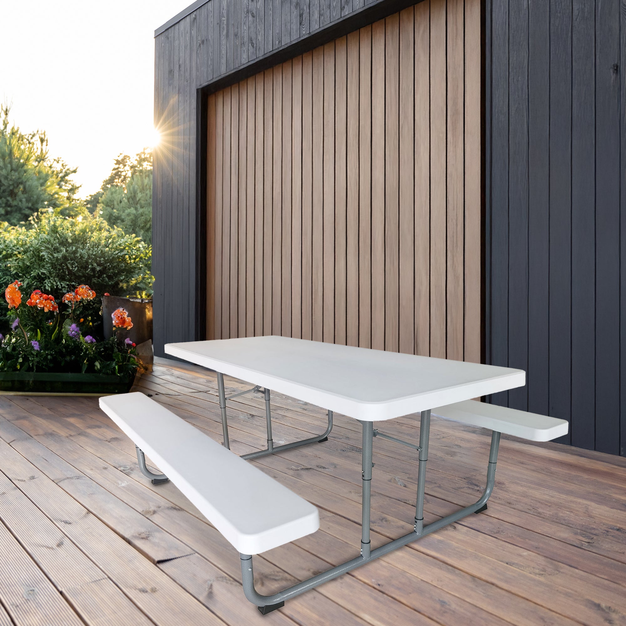 Peakform 6 Foot Rectangular Picnic Table, Double Bench Wood Grain Seating, White - VMInnovations