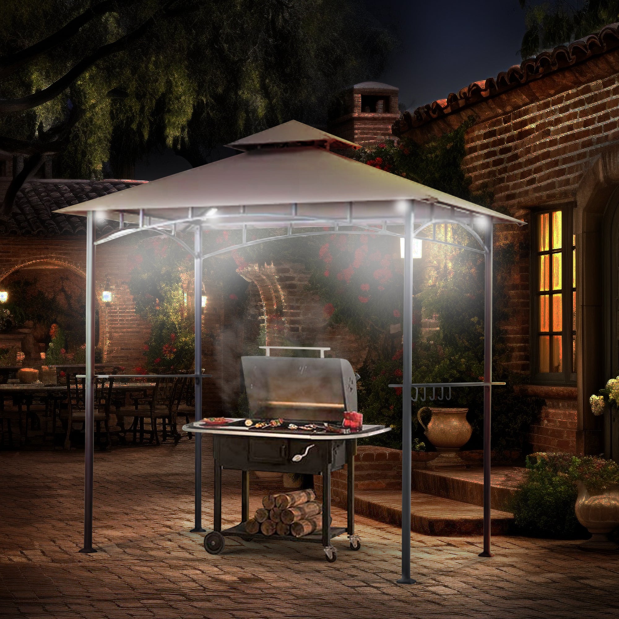 Four Seasons Courtyard Grill Gazebo w/ LED Lights and Powder Coated Frame, Brown - VMInnovations