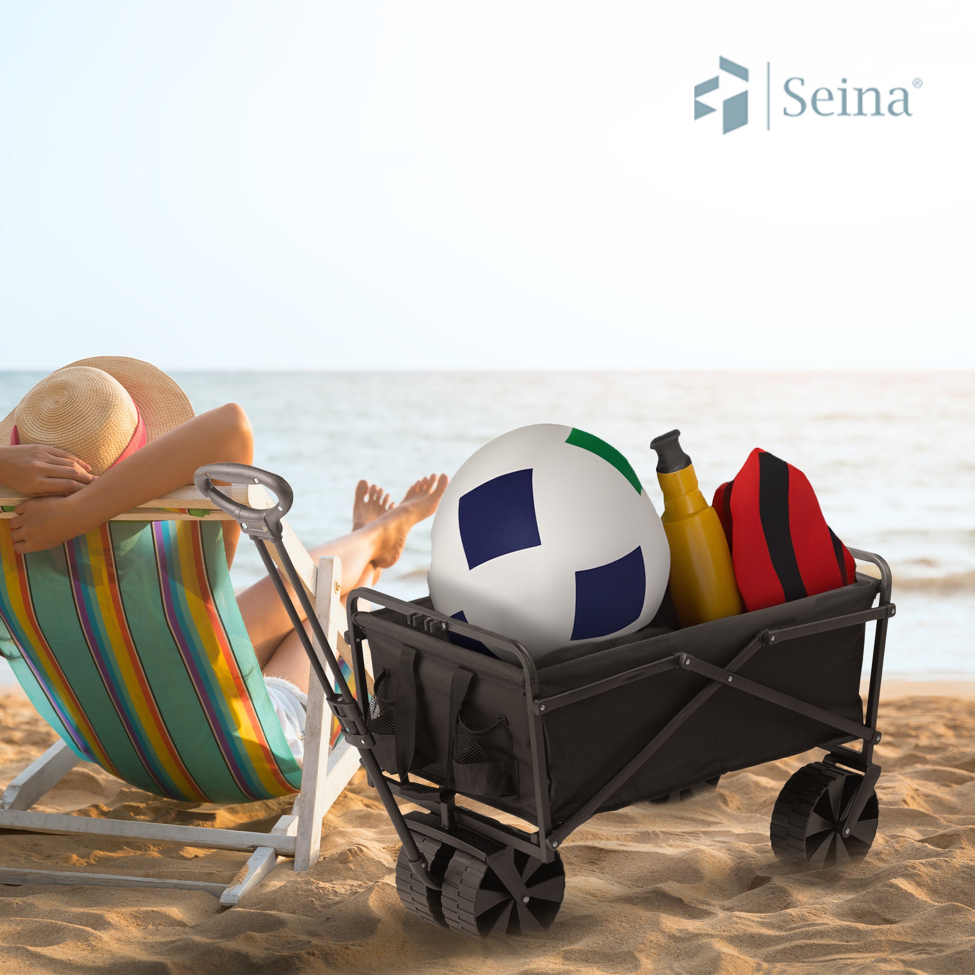 Seina Steel Frame Folding Beach Wagon Outdoor Cart, Black (Open Box) (2 Pack) - VMInnovations