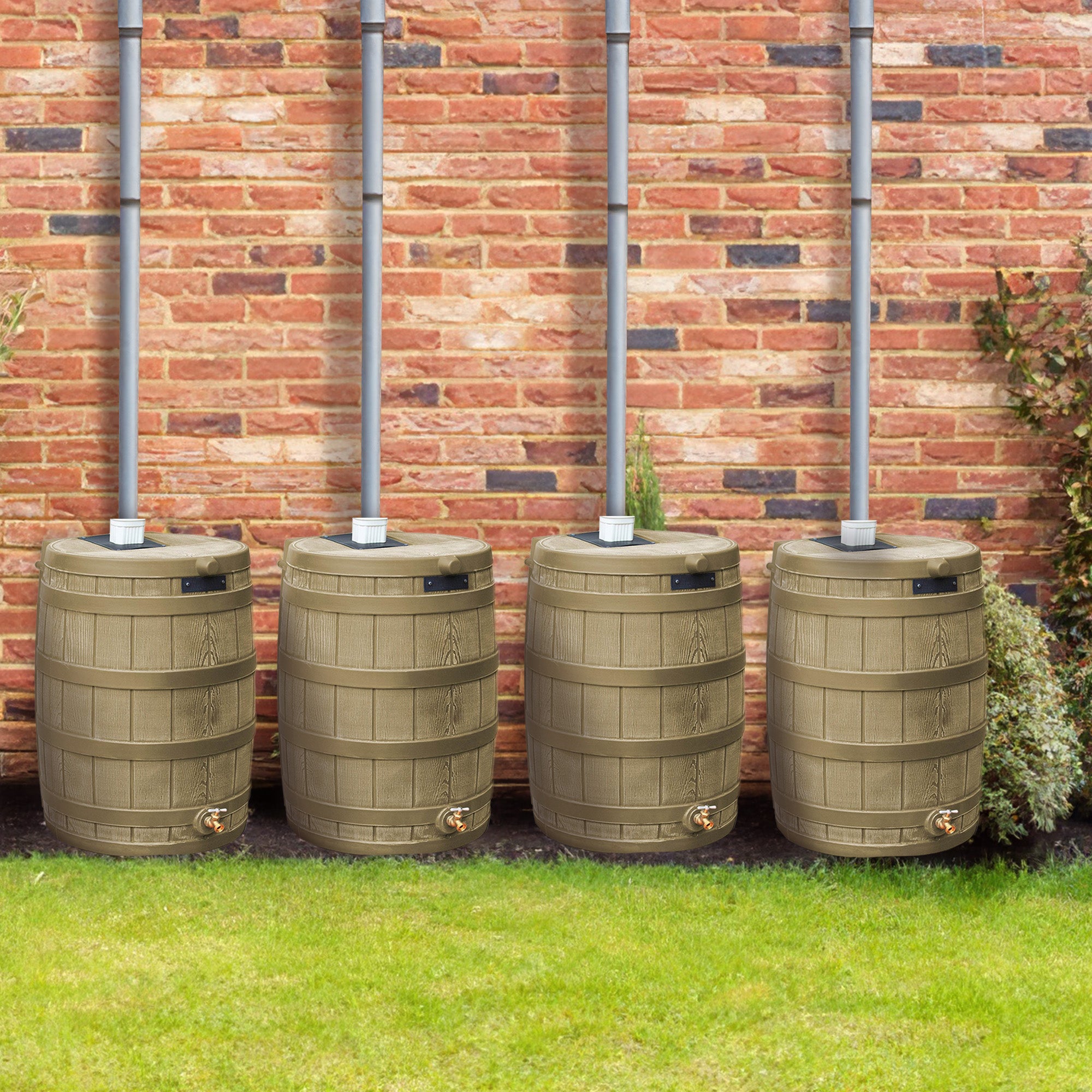 Good Ideas Rain Wizard 50 Gallon Plastic Barrel Water Collector, Khaki (4 Pack) - VMInnovations