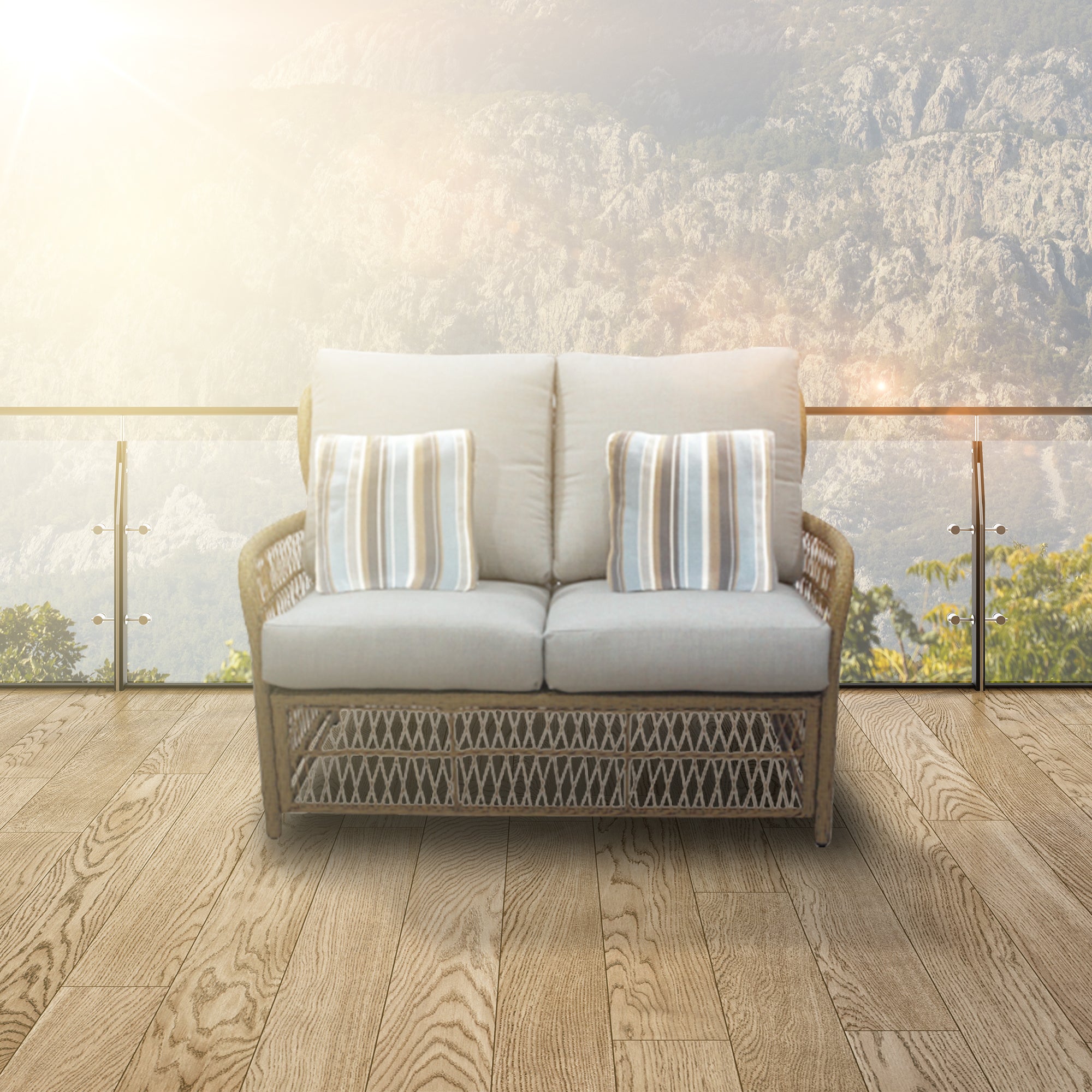 Four Seasons Courtyard Positano Wicker Cushioned Loveseat w/ 2 Accessory Pillows - VMInnovations