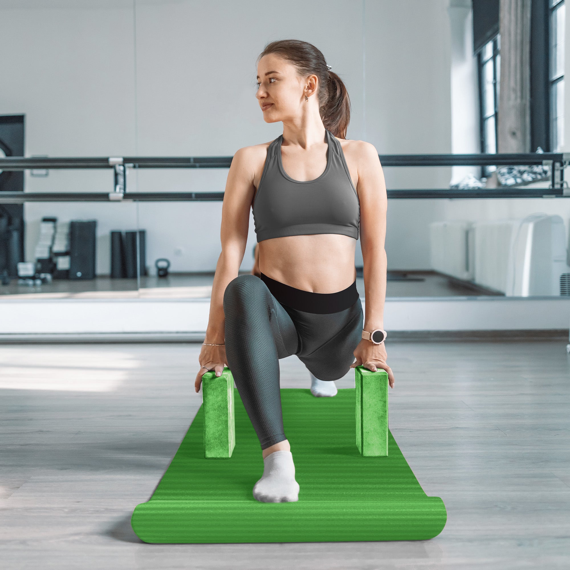 BalanceFrom Fitness 7pc Yoga Set with Mat, Stretch Strap & Knee Pad, Green(Used) - VMInnovations