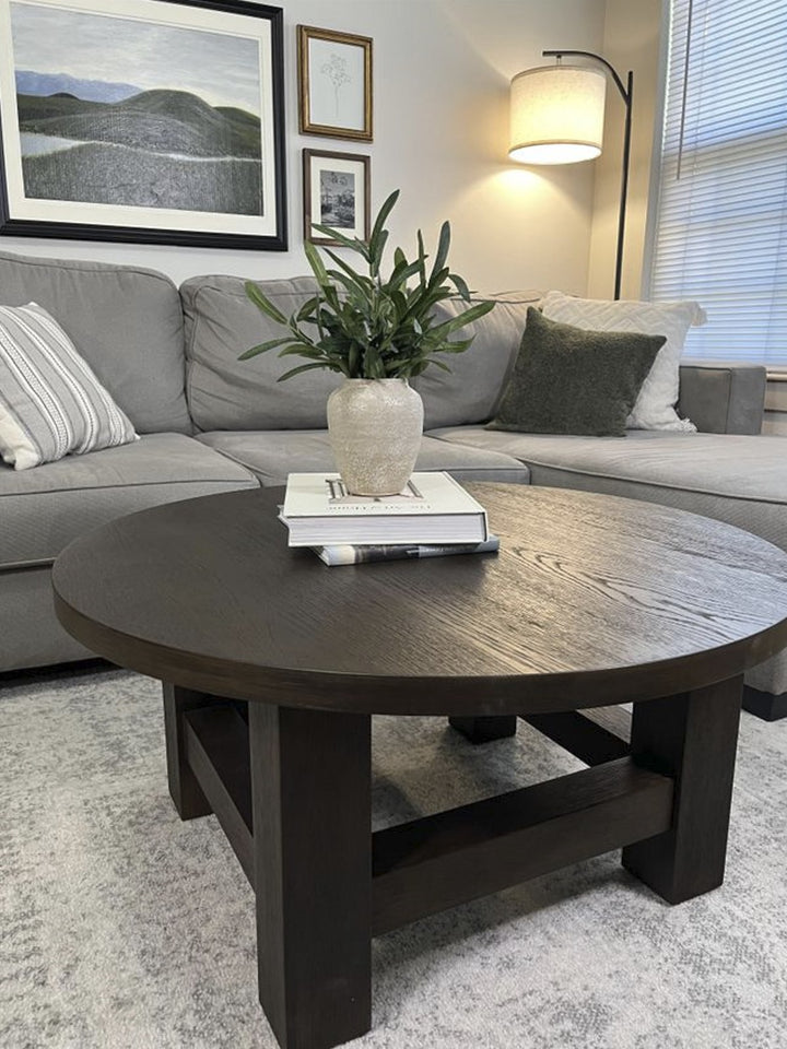 MARCO RUSTIC WOODEN ROUND COFFEE TABLE IN AGED BLACK - VMInnovations