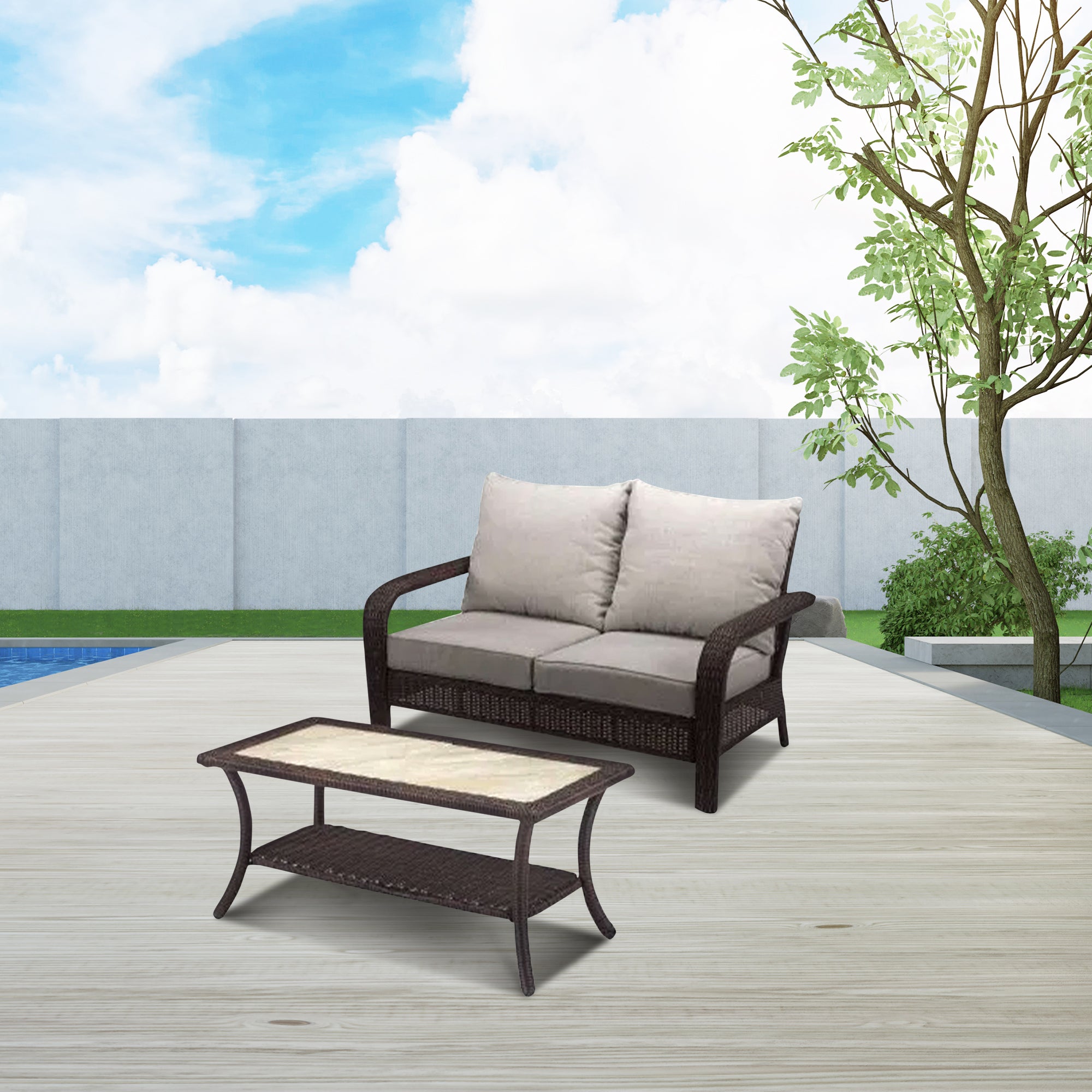 Four Seasons Courtyard Montego Bay Loveseat & Coffee Table, Ivory (Open Box) - VMInnovations