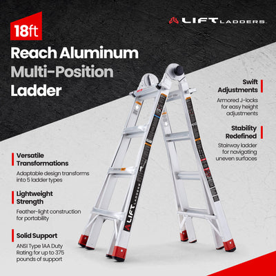 Lift Ladders 18 Foot Reach 5 in 1 Multi Position Aluminum Step Ladder, Silver