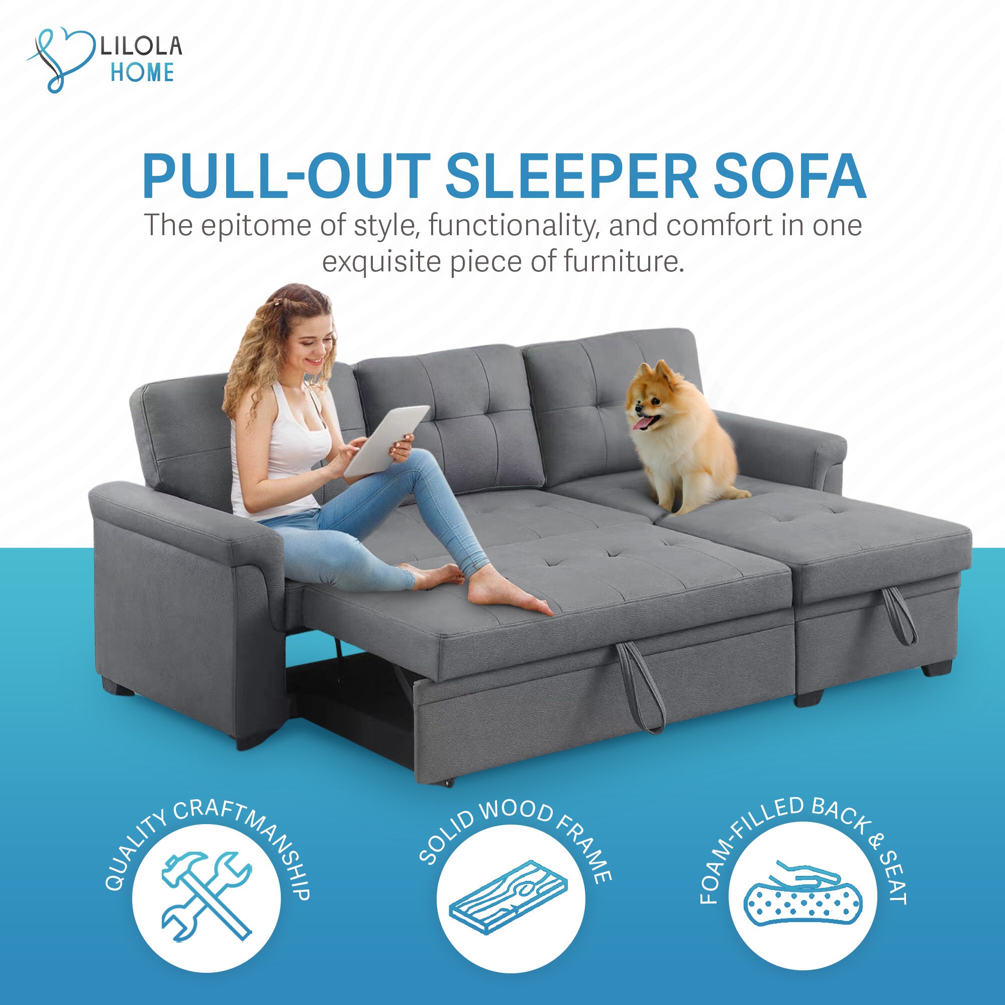 Lilola Home Lucca Performance Leather Sectional Sleeper Sofa with Storage, Gray - VMInnovations