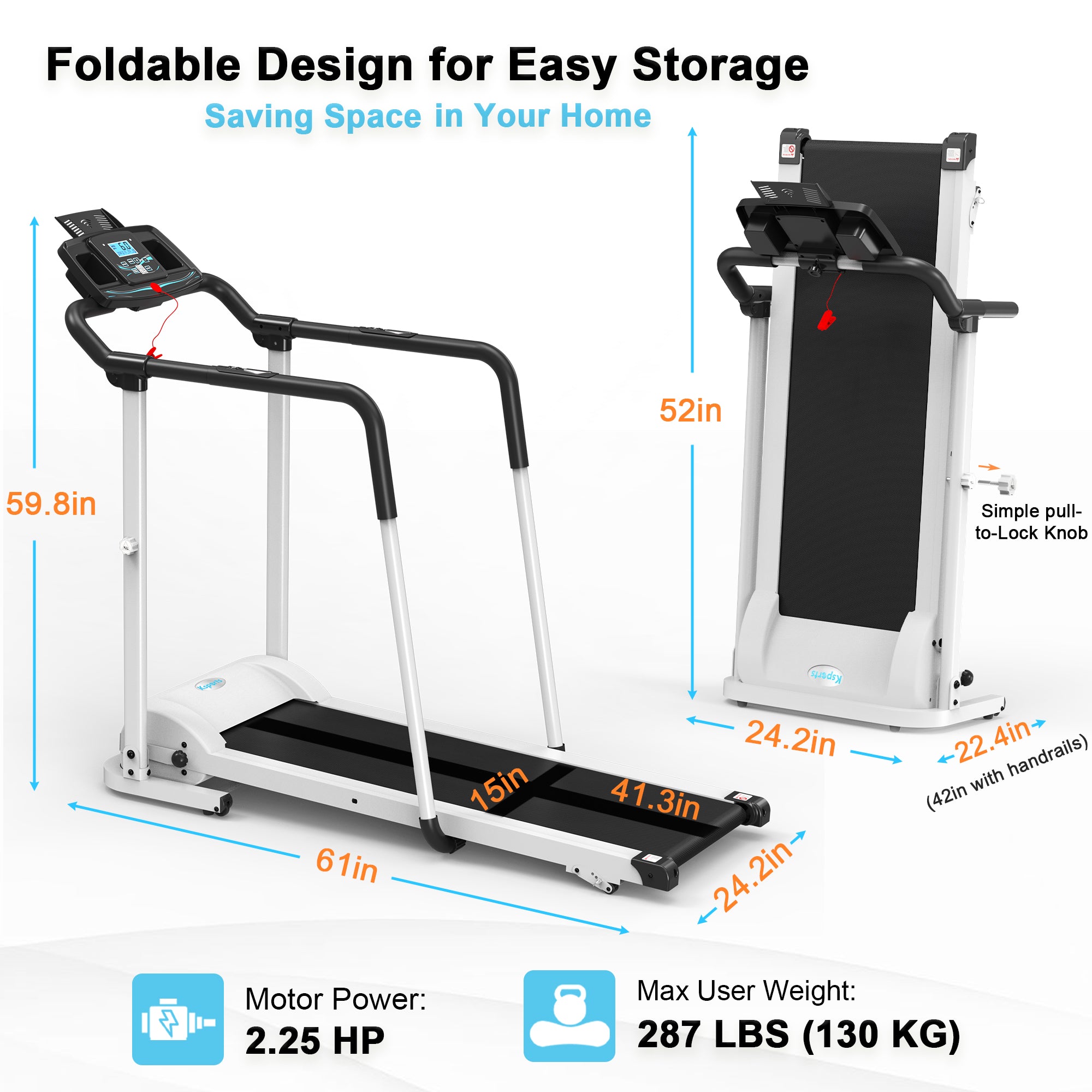 Ksports Advanced Rehab Treadmill 2.25 Horsepower Motor, Bluetooth Kinomap, White - VMInnovations