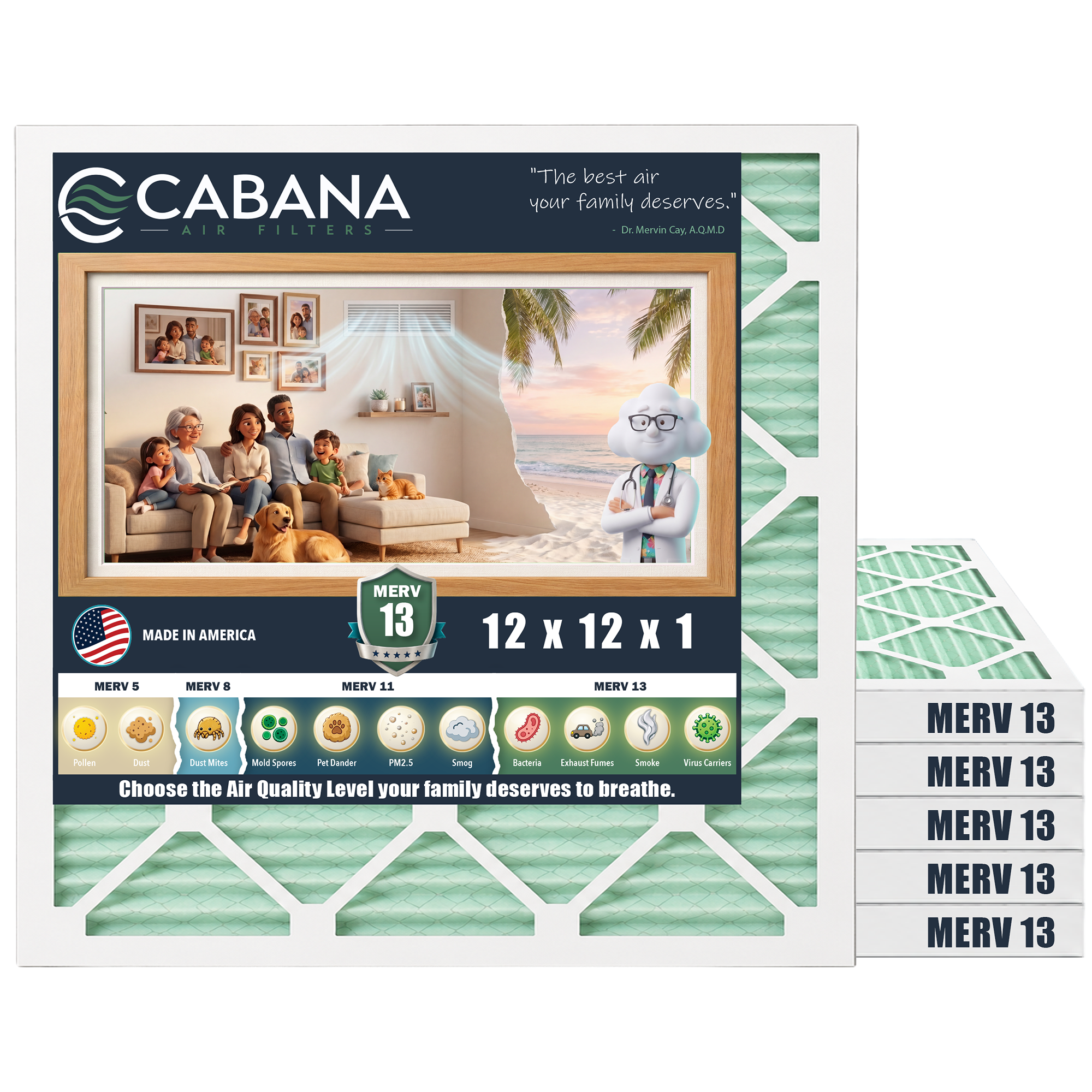 Cabana Air Filters 6 Pack HVAC Furnace Air Filters, MERV 13, 12 x 12 x 1, White - VMInnovations