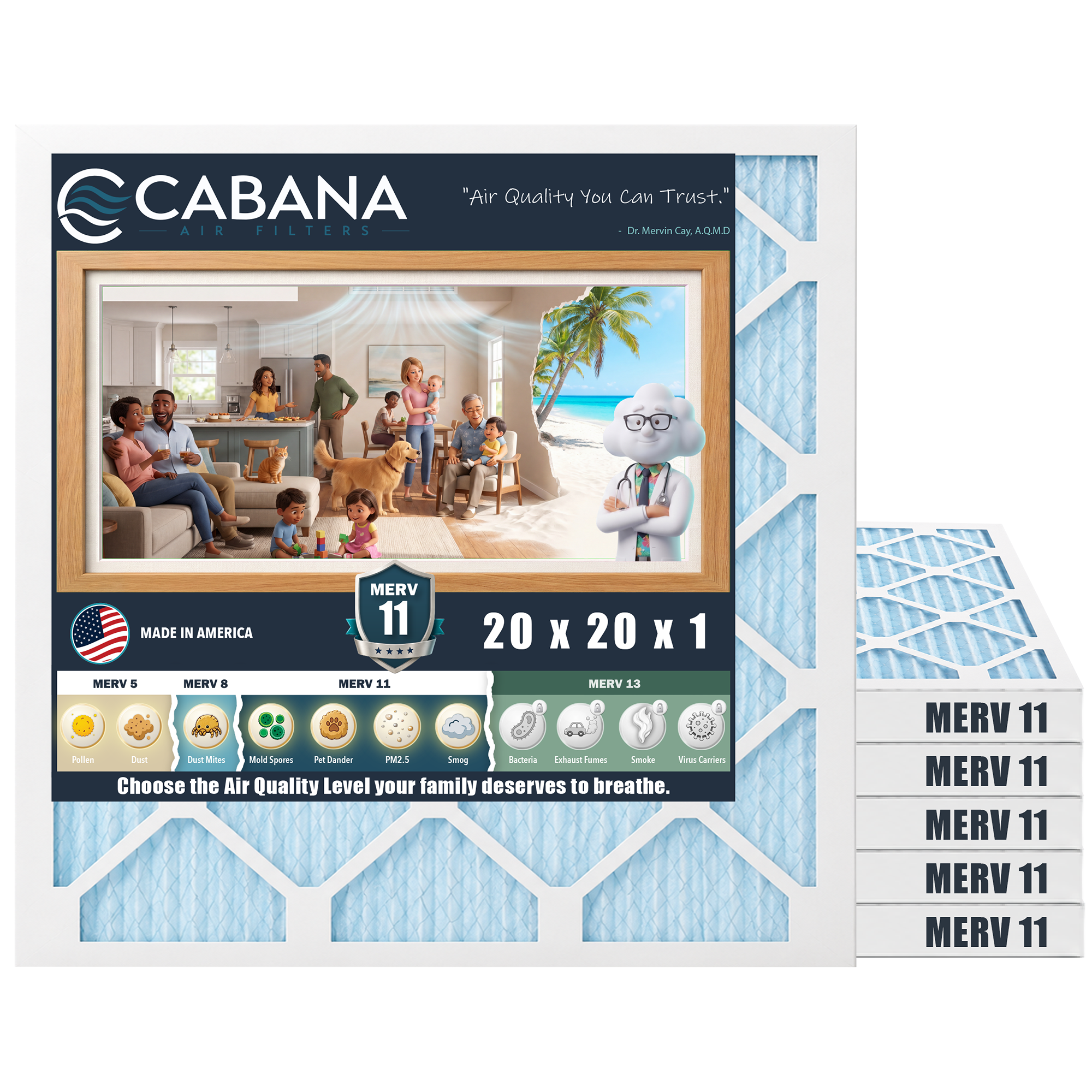 Cabana Air Filters 6 Pack HVAC Furnace Air Filters, MERV 11, 20 x 20 x 1, White
