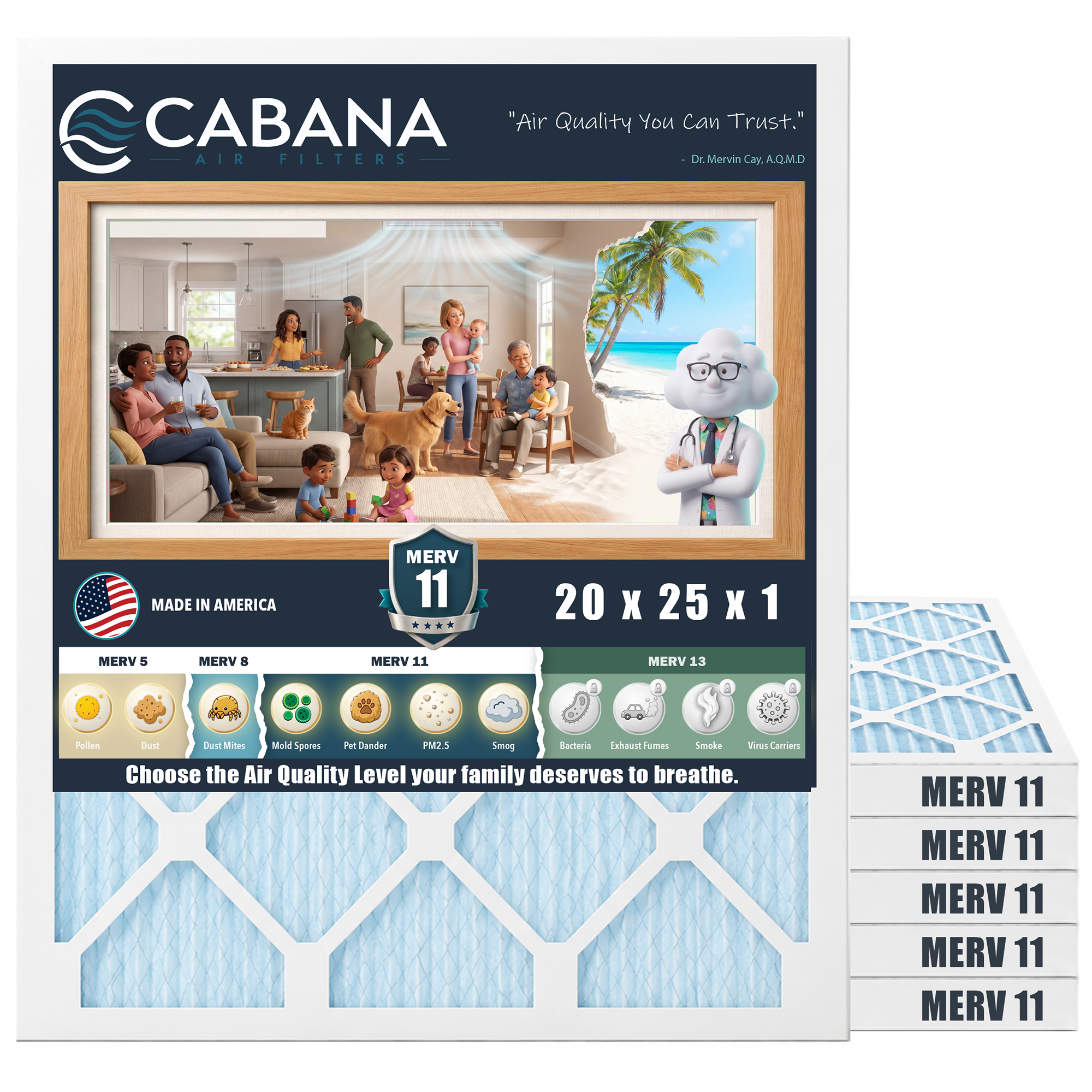 Cabana Air Filters 6 Pack HVAC Furnace Air Filters, MERV 11, 20 x 25 x 1, White