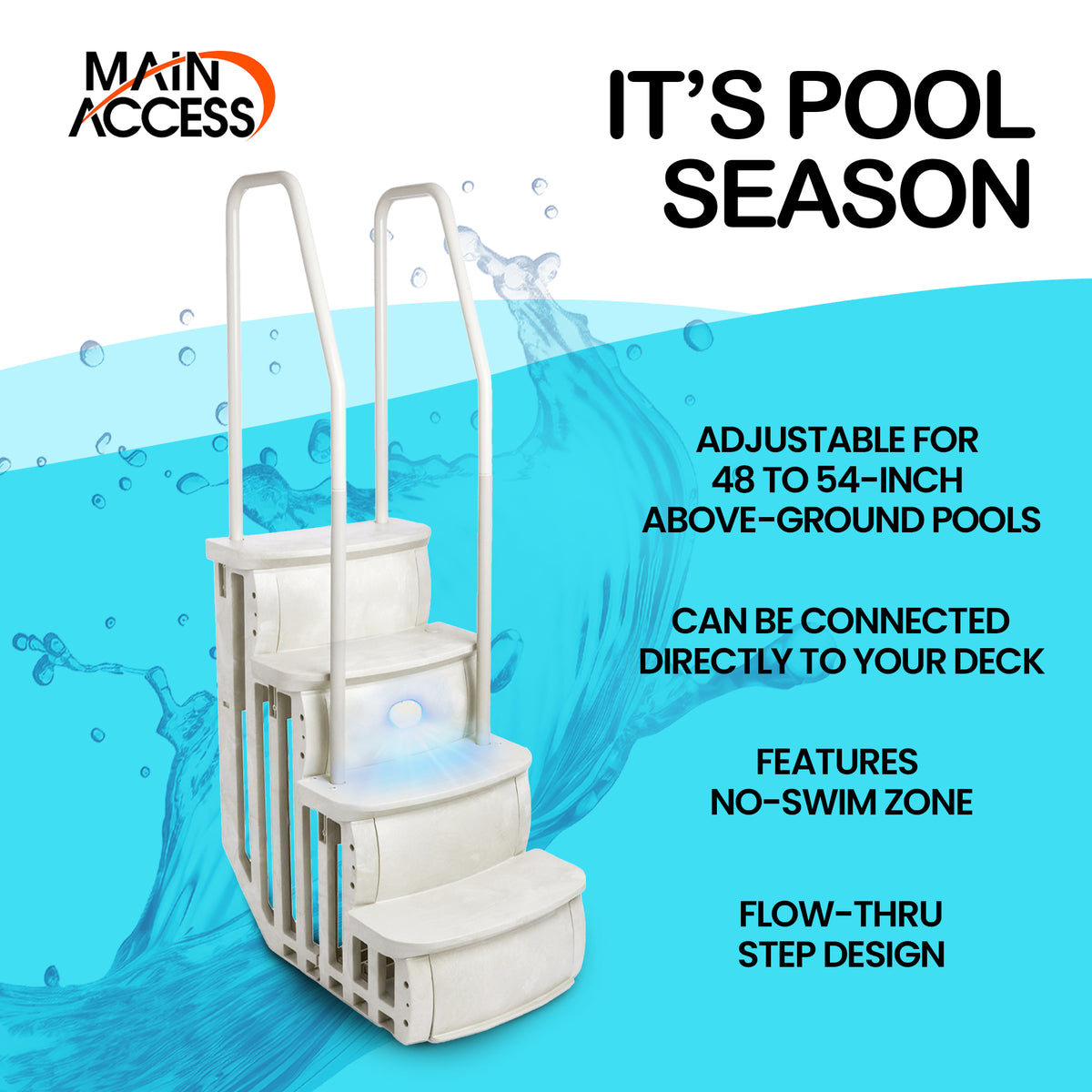Main Access iStep Above Ground Swimming Pool Deck Entry Steps Ladder & LED Light - VMInnovations