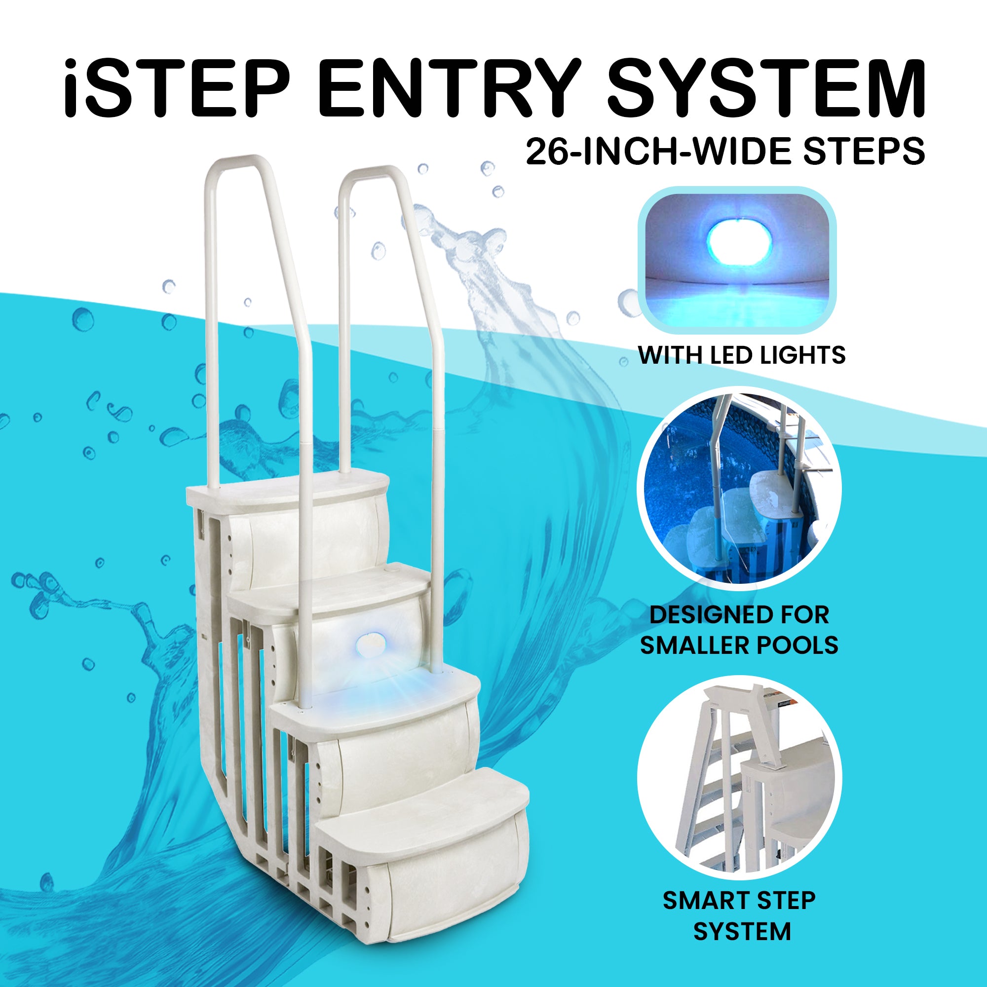 Main Access iStep Above Ground Swimming Pool Deck Entry Steps Ladder & LED Light - VMInnovations
