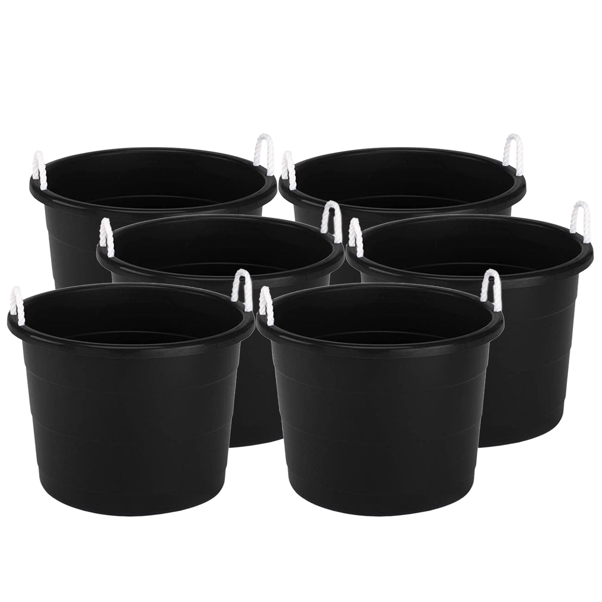 Homz 18 Gallon Plastic Utility Storage Bucket Tub w/ Rope Handles, Black, 6 Pack - VMInnovations