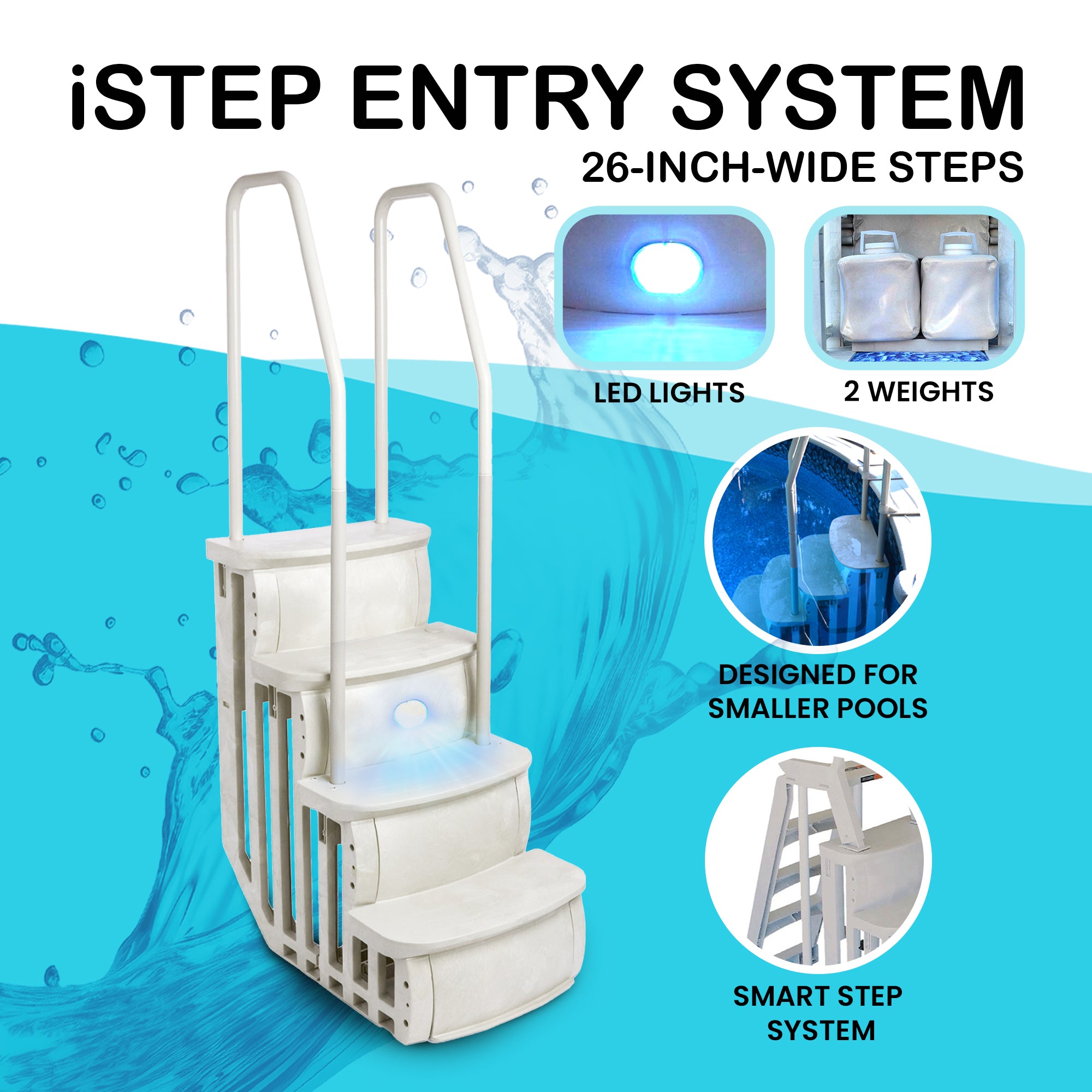 Main Access iStep Above Ground Pool Entry Steps Ladder w/ LED Light + 2 Weights - VMInnovations