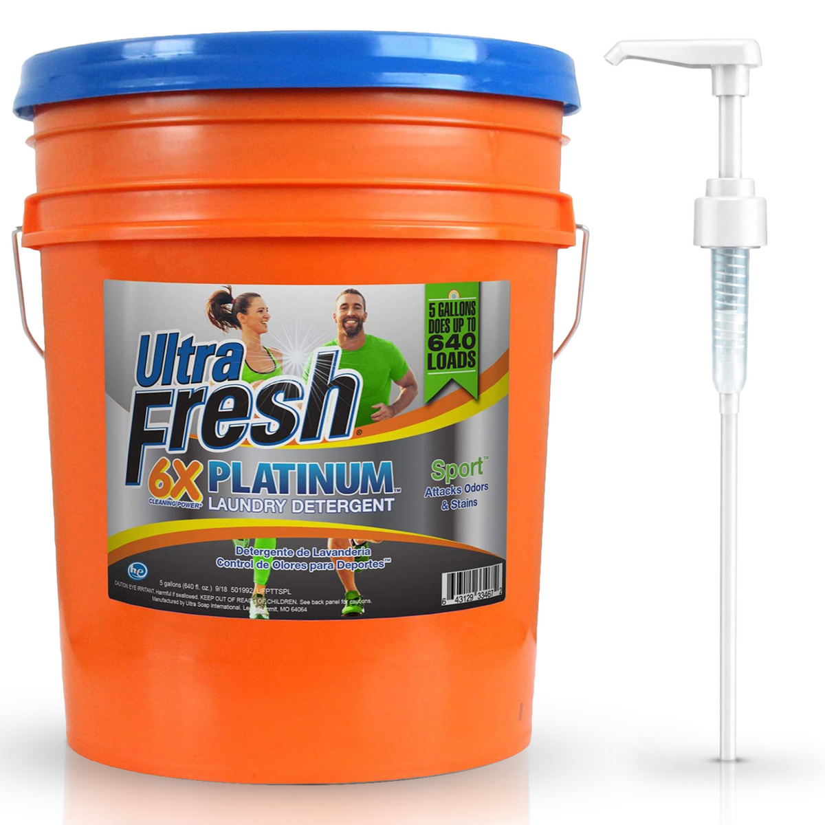 Ultra Fresh 6X Platinum 5 Gallon Sport Laundry Detergent, Up to 640 Loads w/Pump