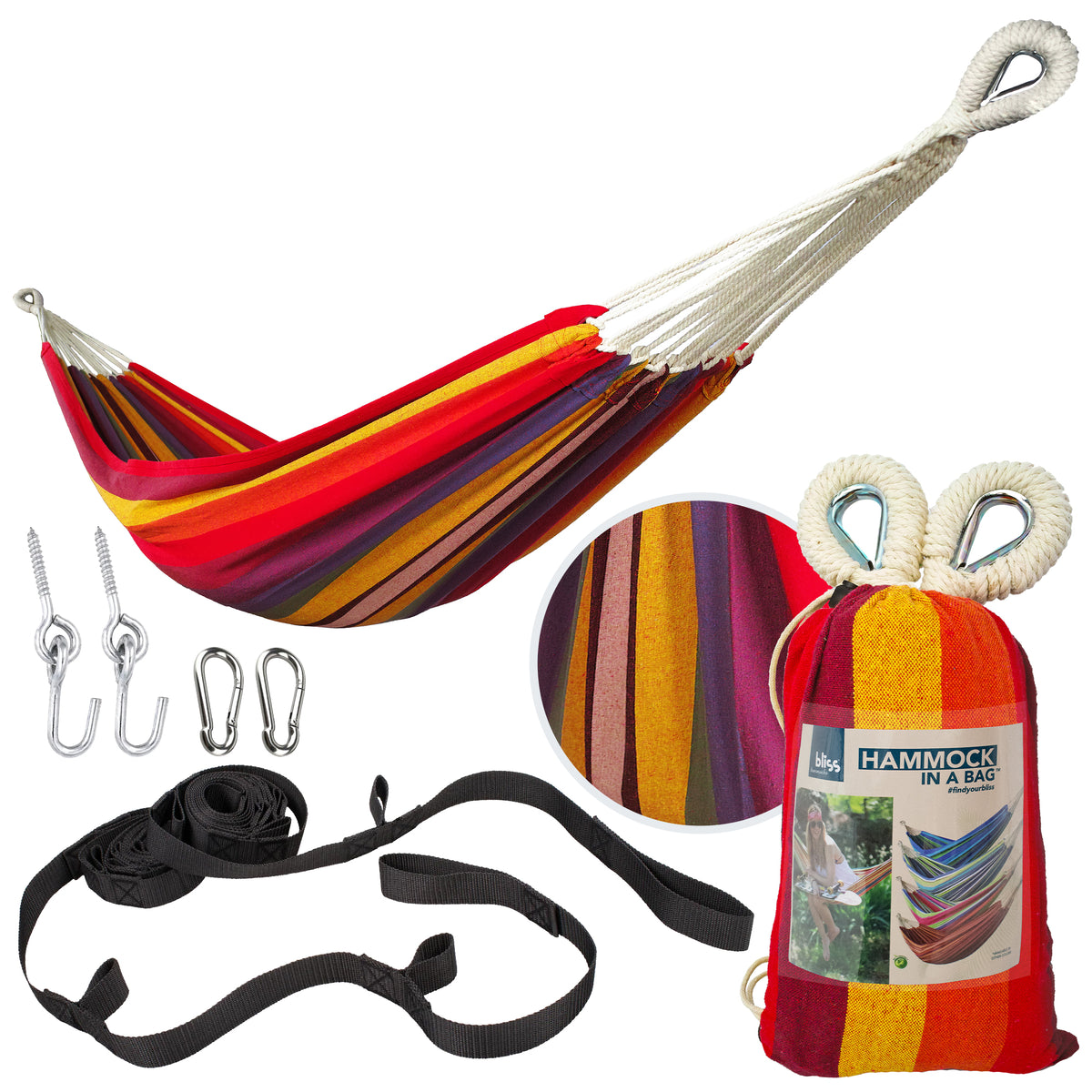 Bliss Hammocks Single Hammock with Rope Loops & Tree Straps, 220 lb, Tropical (Open Box)