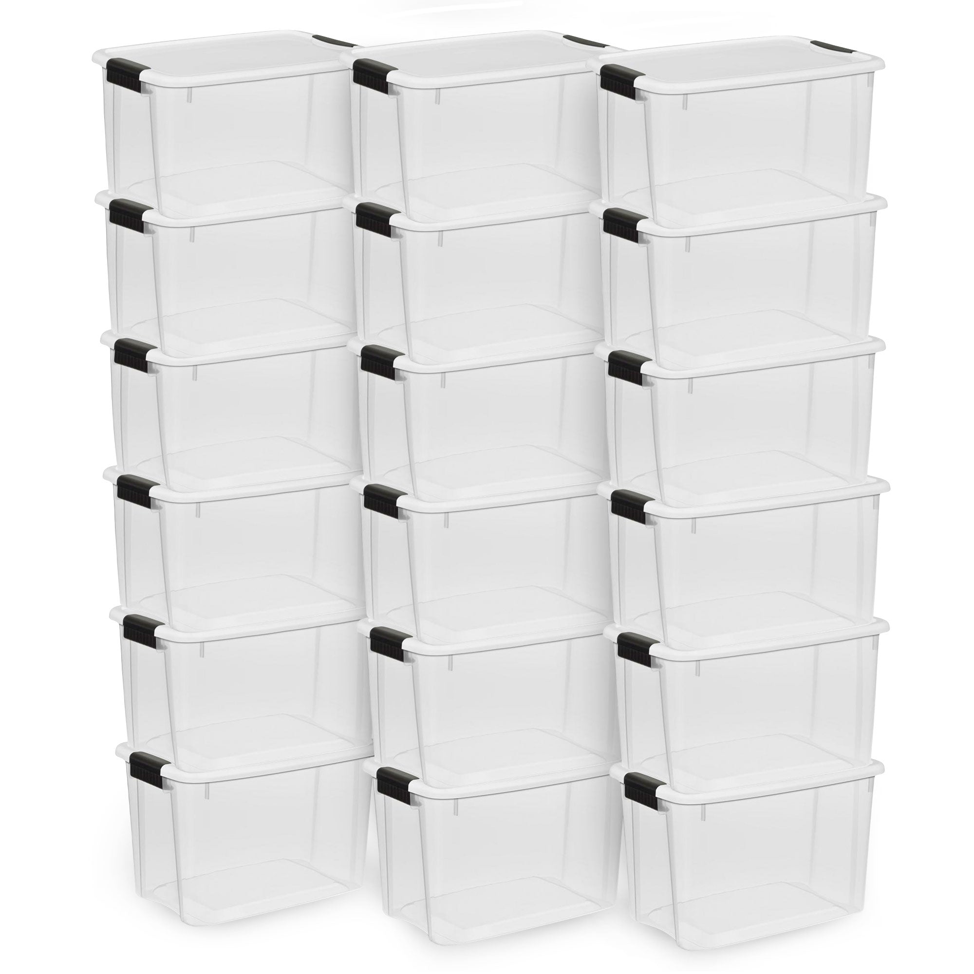 Sterilite 30 Qt Clear Plastic Stackable Storage Bin w/ White Latch Lid, 18 Pack - VMInnovations