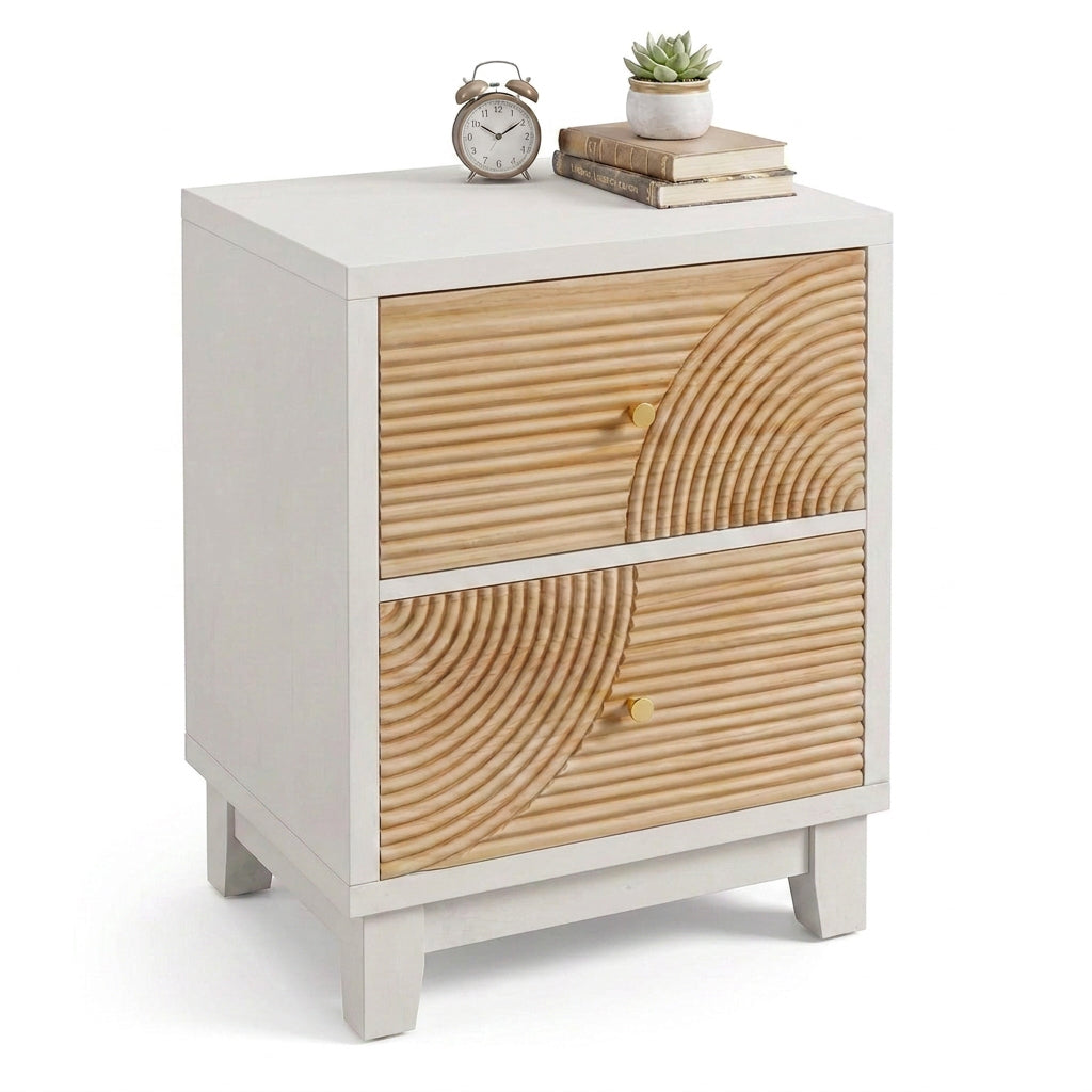 COZAYH 2-Drawer Farmhouse Bedroom Nightstand w/ Rustic Wood Ring Pattern, White