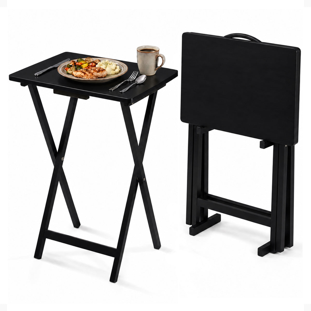 PJ Wood Folding TV Tray, Collapsible Portable Snack Tables, Black, 2 Piece Set
