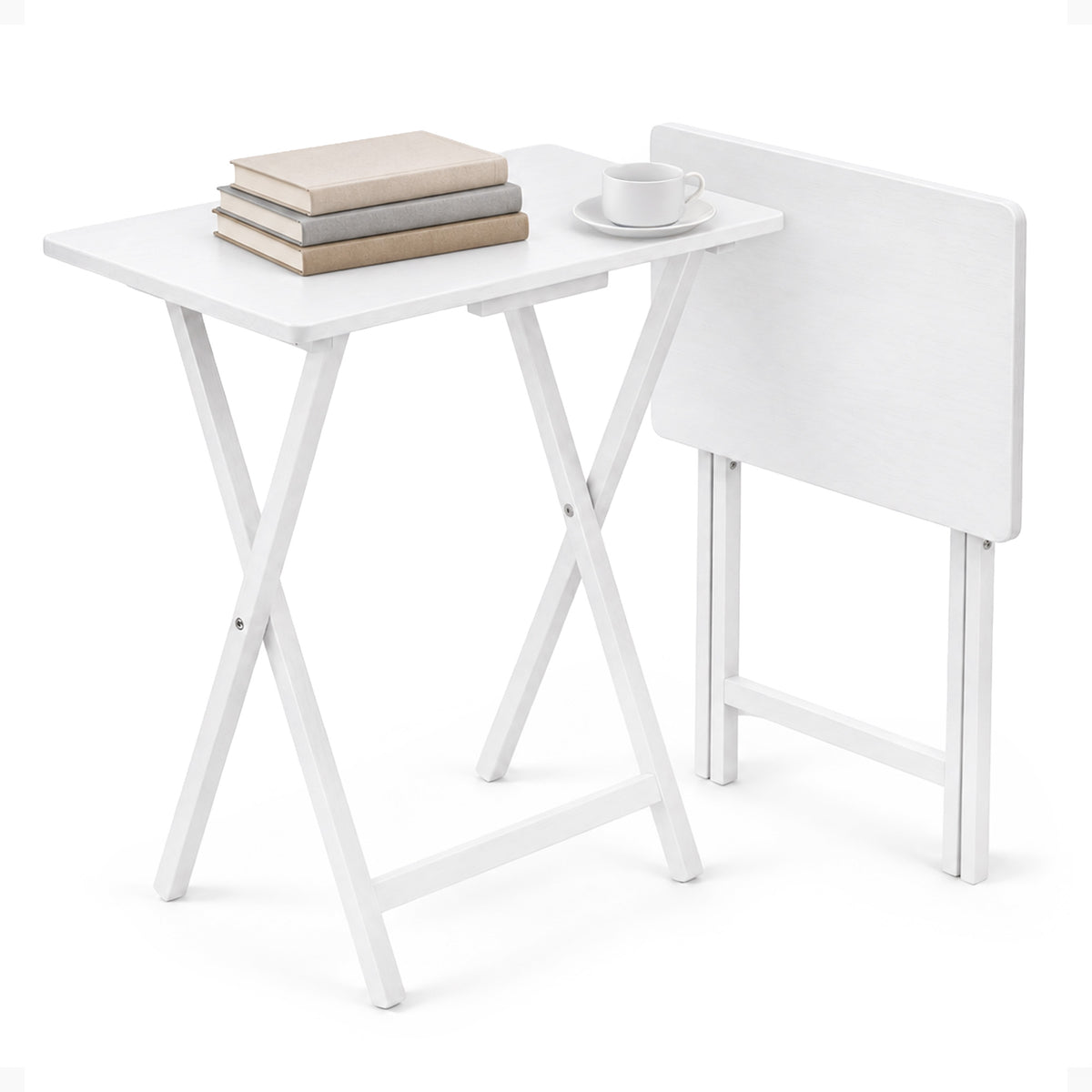 PJ Wood Solid Wood Compact Folding TV Tray & Snack Tables, White, 2pc (Used)