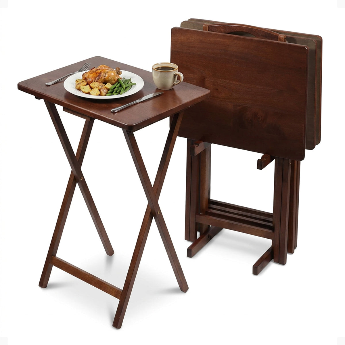PJ Wood Folding TV Tray Tables w/Compact Storage Rack, Honey Oak, 5pc (Open Box)