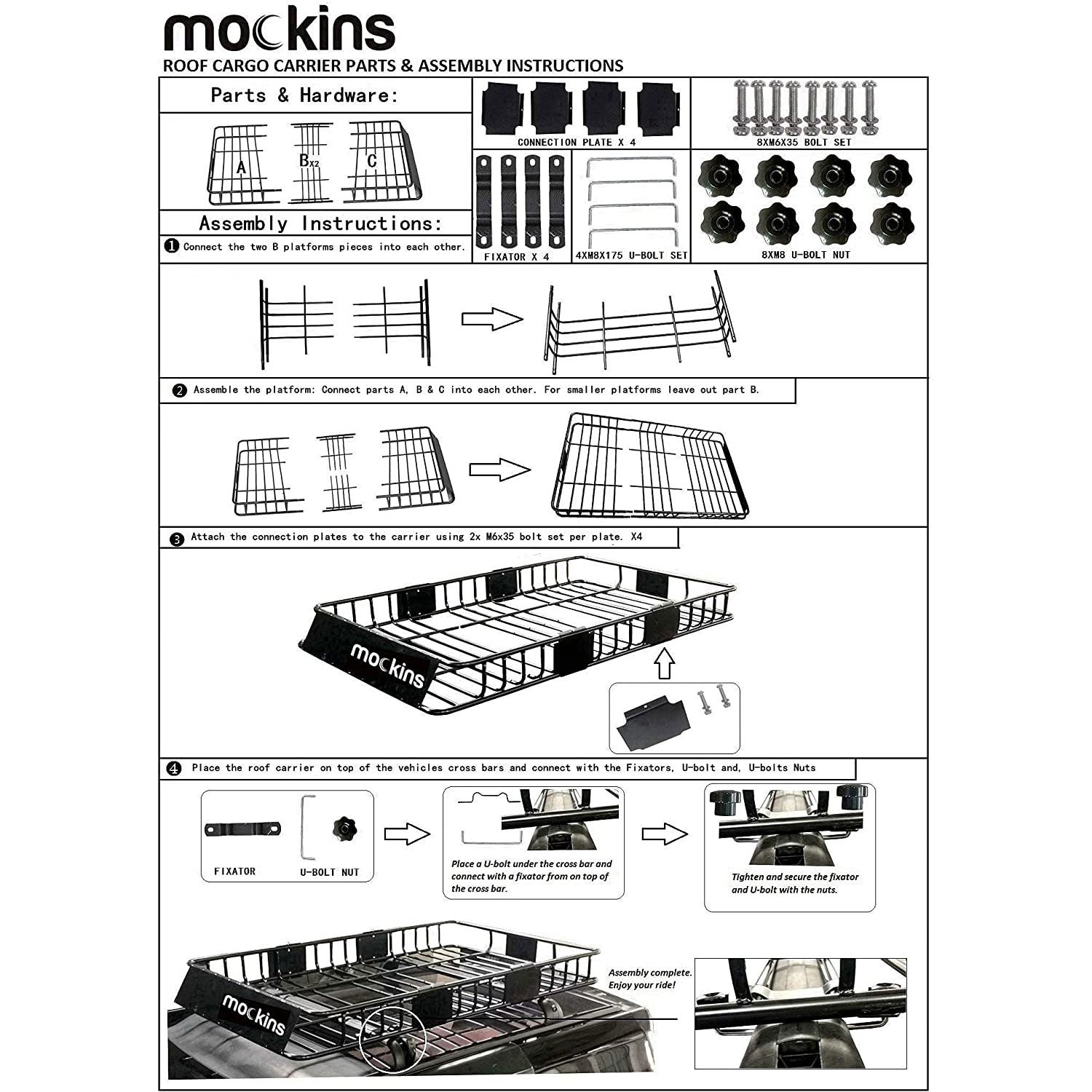 Mockins Extendable Rooftop Rack with Bungee Net, Straps, & Cargo Bag (Open Box) - VMInnovations