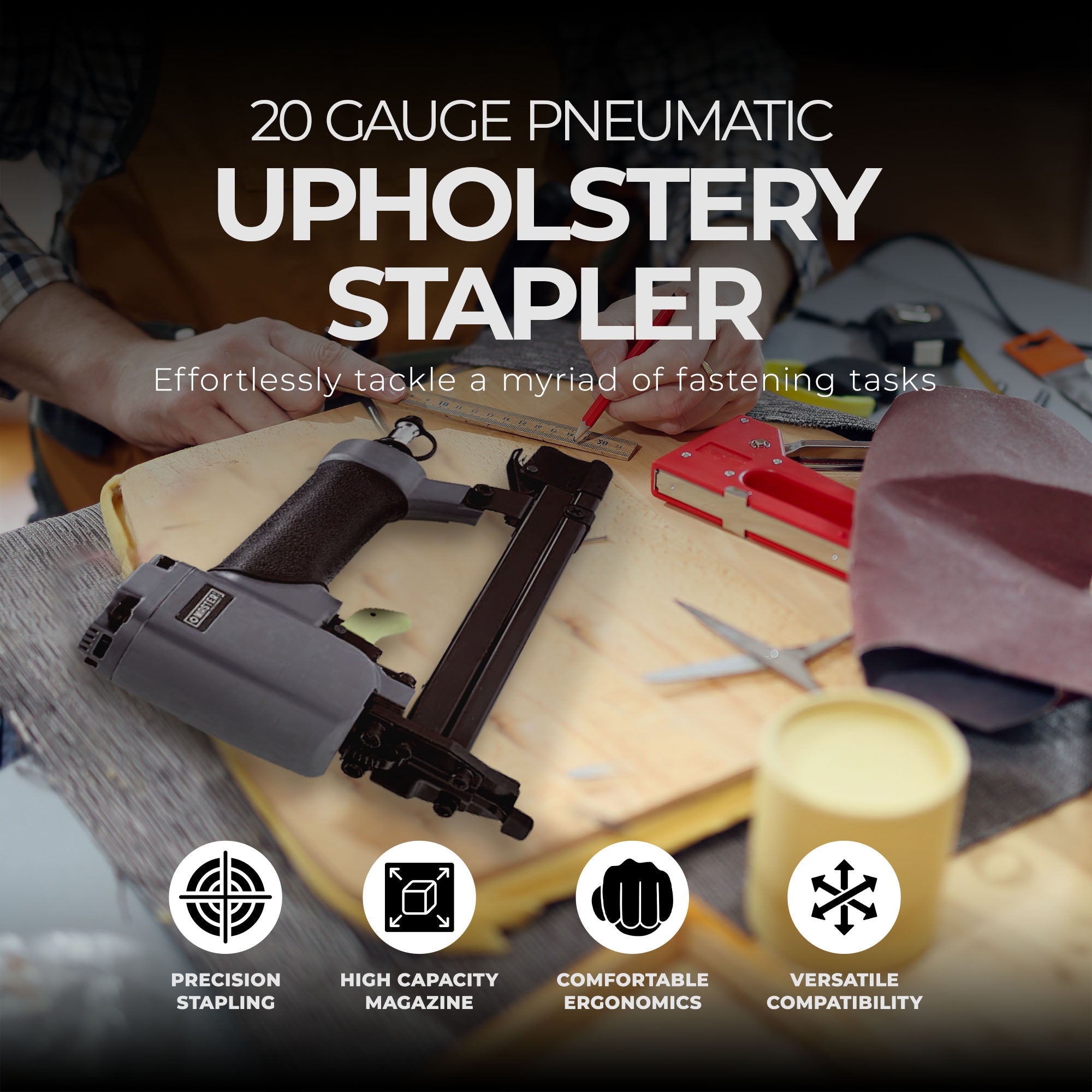 Master Mechanic 20 Gauge Pneumatic Upholstery Stapler Holds Up to 100 Fasteners - VMInnovations