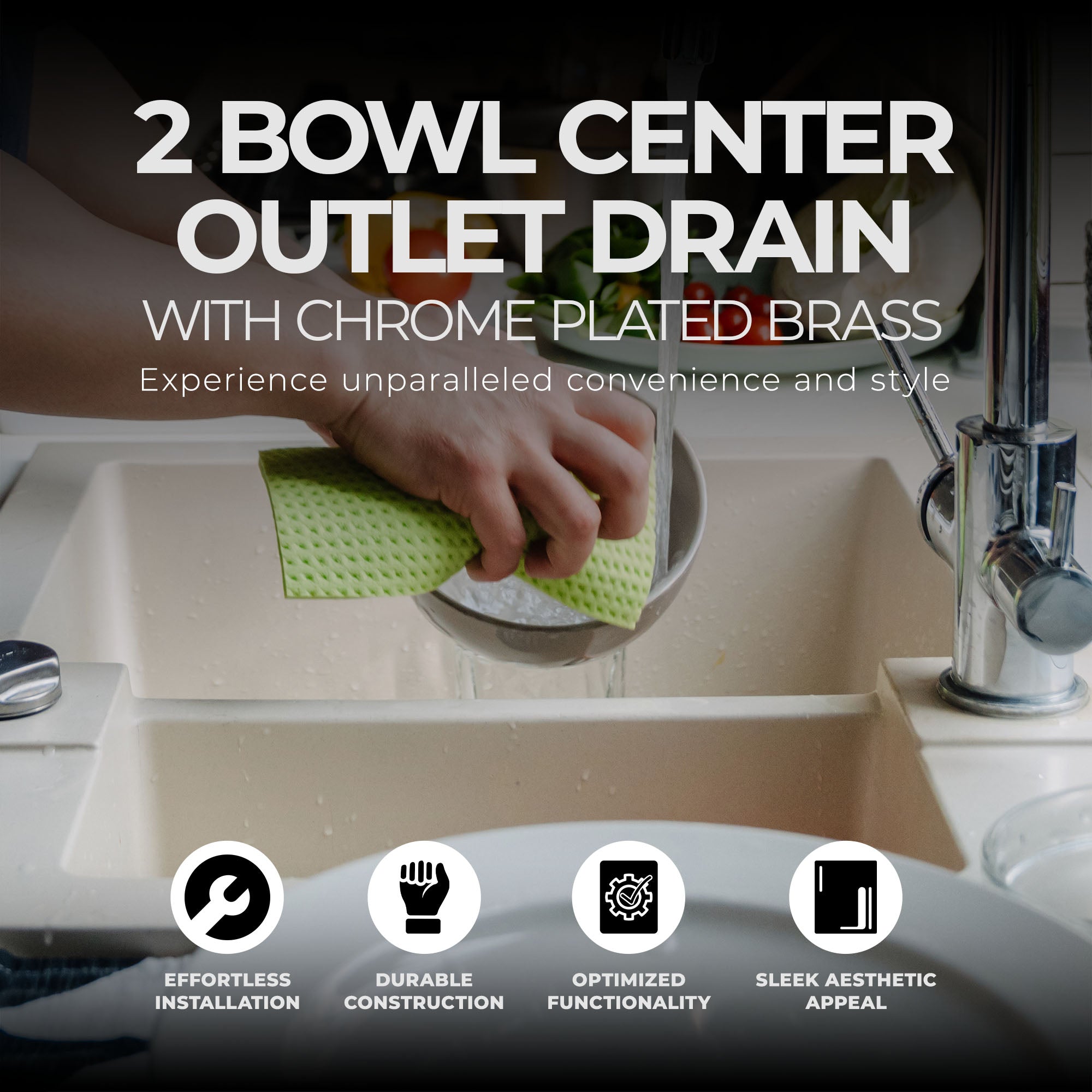 Master Plumber 2 Bowl Center Outlet Drain with Chrome Plated Brass for Sinks - VMInnovations
