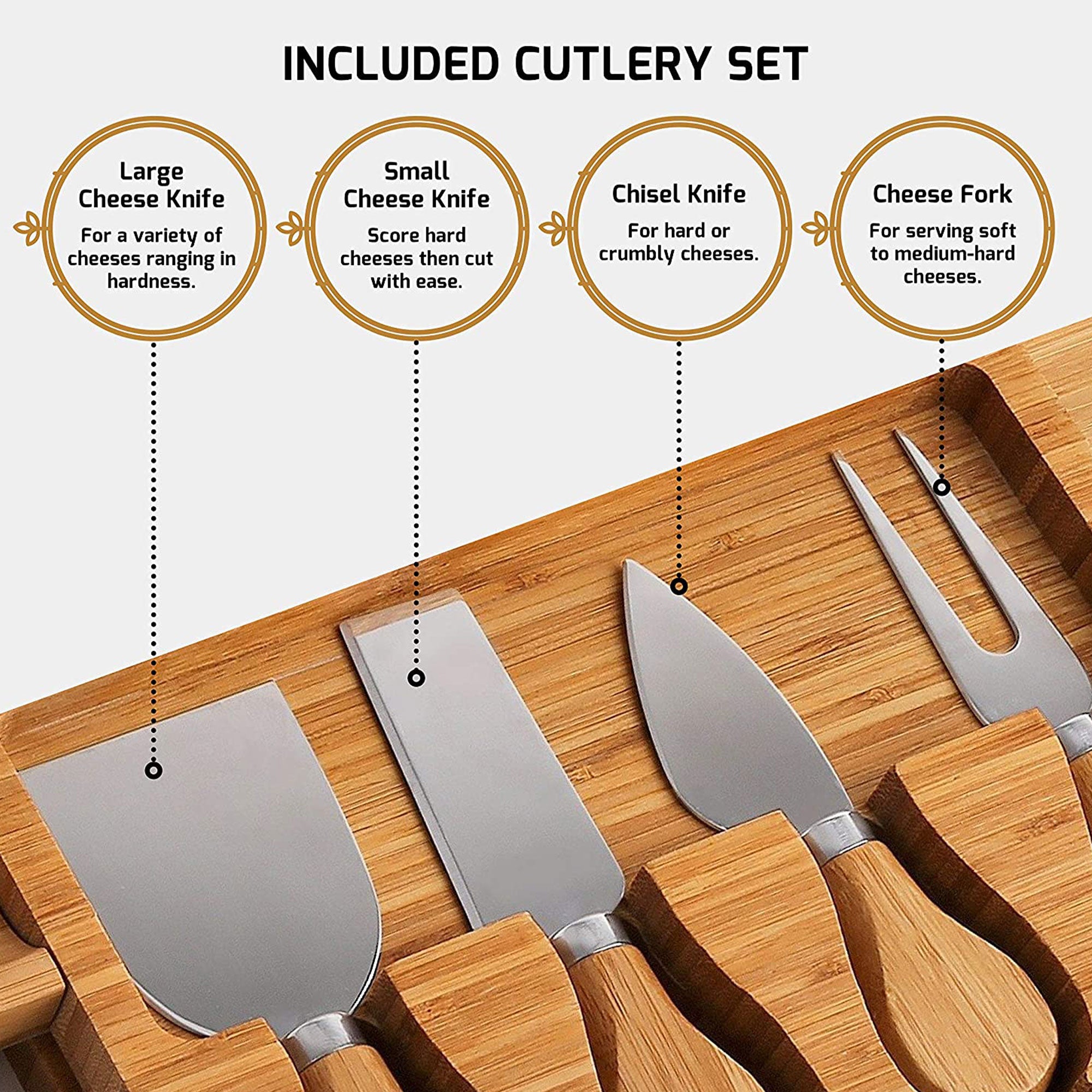 Bambusi Bamboo Cheese Charcuterie Board Serving Set with Knives and Utensils