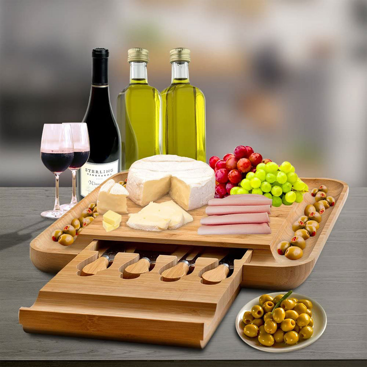 Bambusi Bamboo Cheese Charcuterie Board Serving Set with Knives and Utensils
