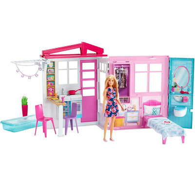 Barbie Portable 1-Story Toy Play Set Dollhouse with Doll, Pool, and Furniture