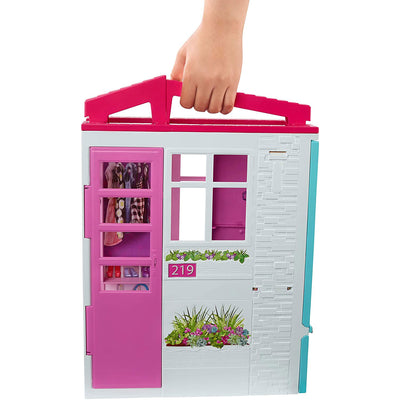 Barbie Portable 1-Story Toy Play Set Dollhouse with Doll, Pool, and Furniture