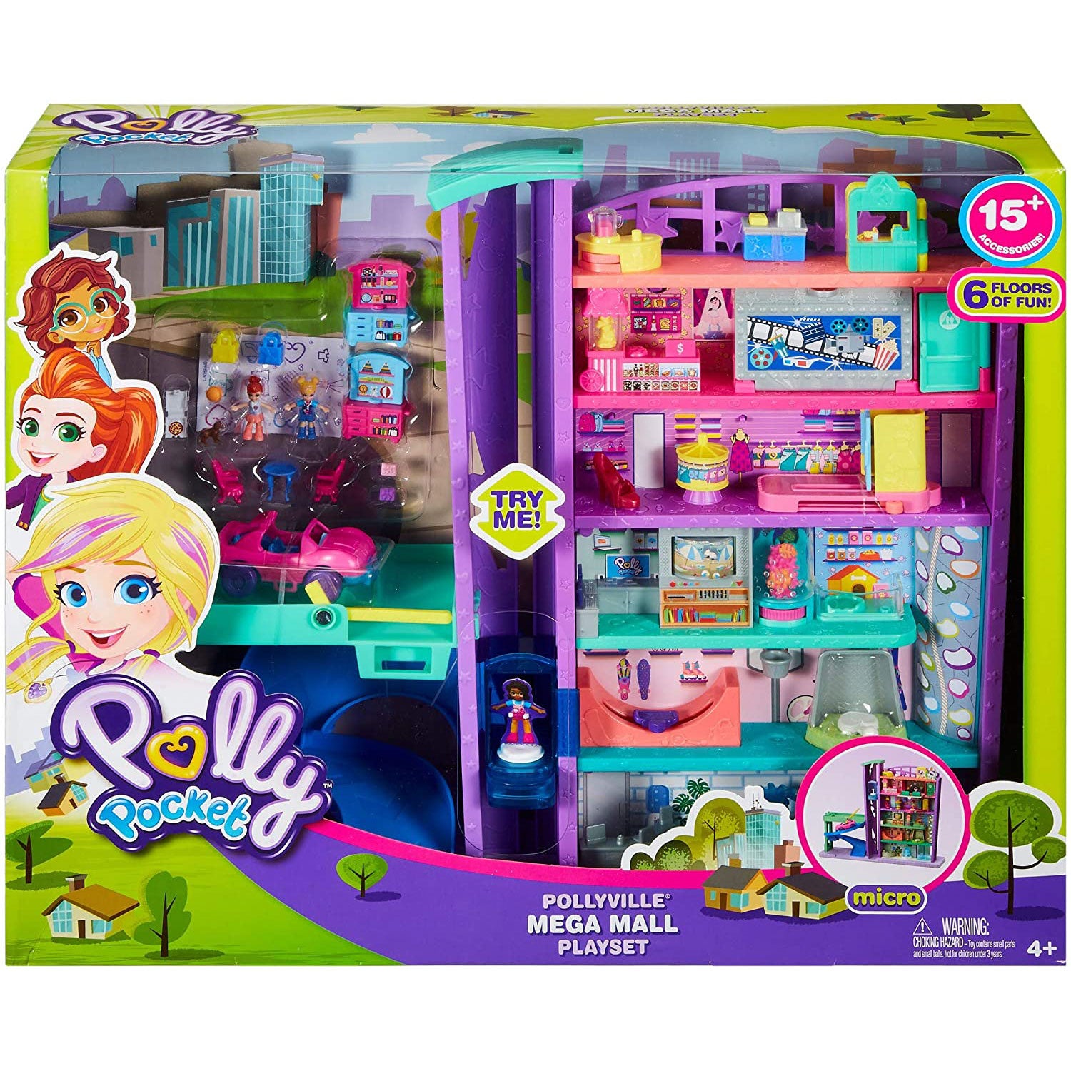 Polly Pocket Pollyville Mega Mall Play Doll Toy Set with Elevator, Multicolor