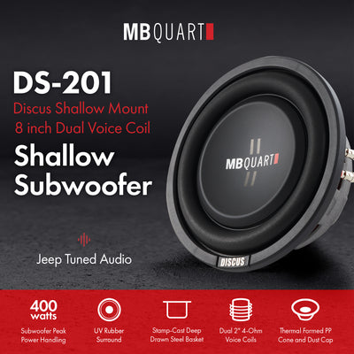 MB Quart DS1-204 400 Watt 8 Inch Shallow Slim DVC 4 Ohm Car Sub, Single Speaker