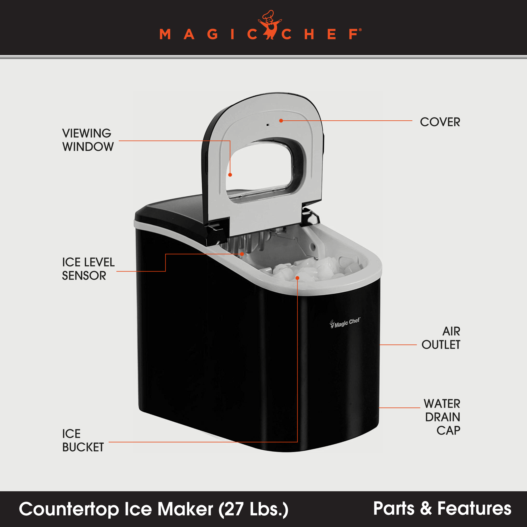 Magic Chef MCIM22B Portable Countertop Ice Maker, 27 LBs Per Day, Black (Used) - VMInnovations