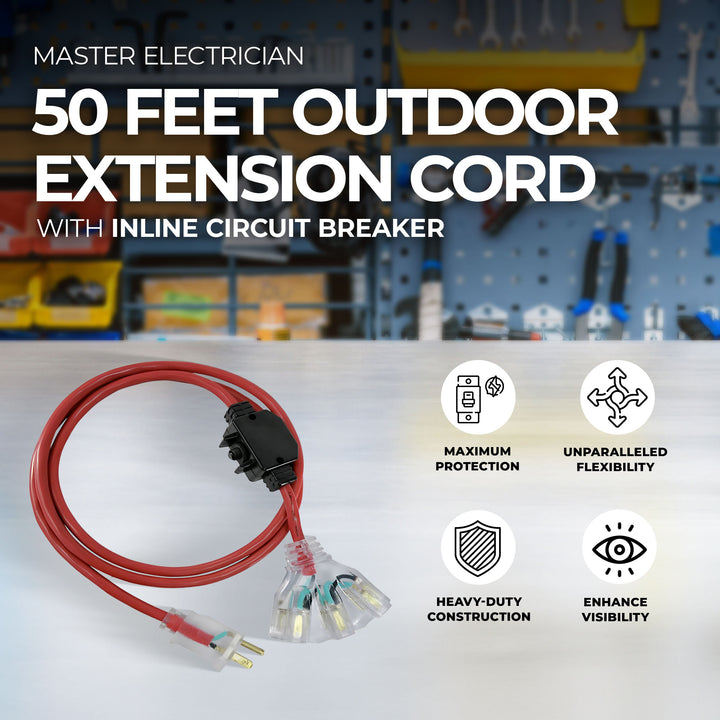 Master Electrician 50 Feet Outdoor Extension Cord with Inline Circuit Breaker - VMInnovations