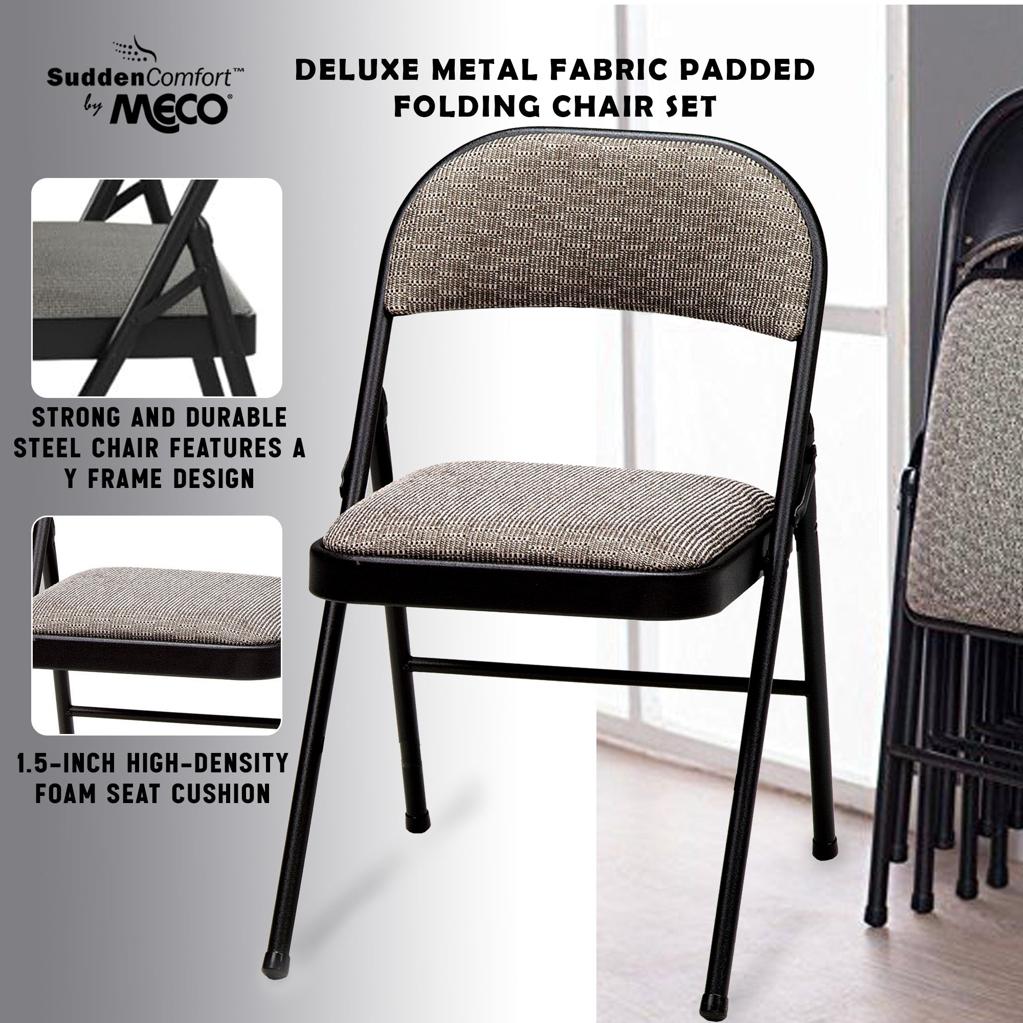 MECO Sudden Deluxe Metal Fabric Padded Folding Chair, Black (4 Pack) (Used) - VMInnovations